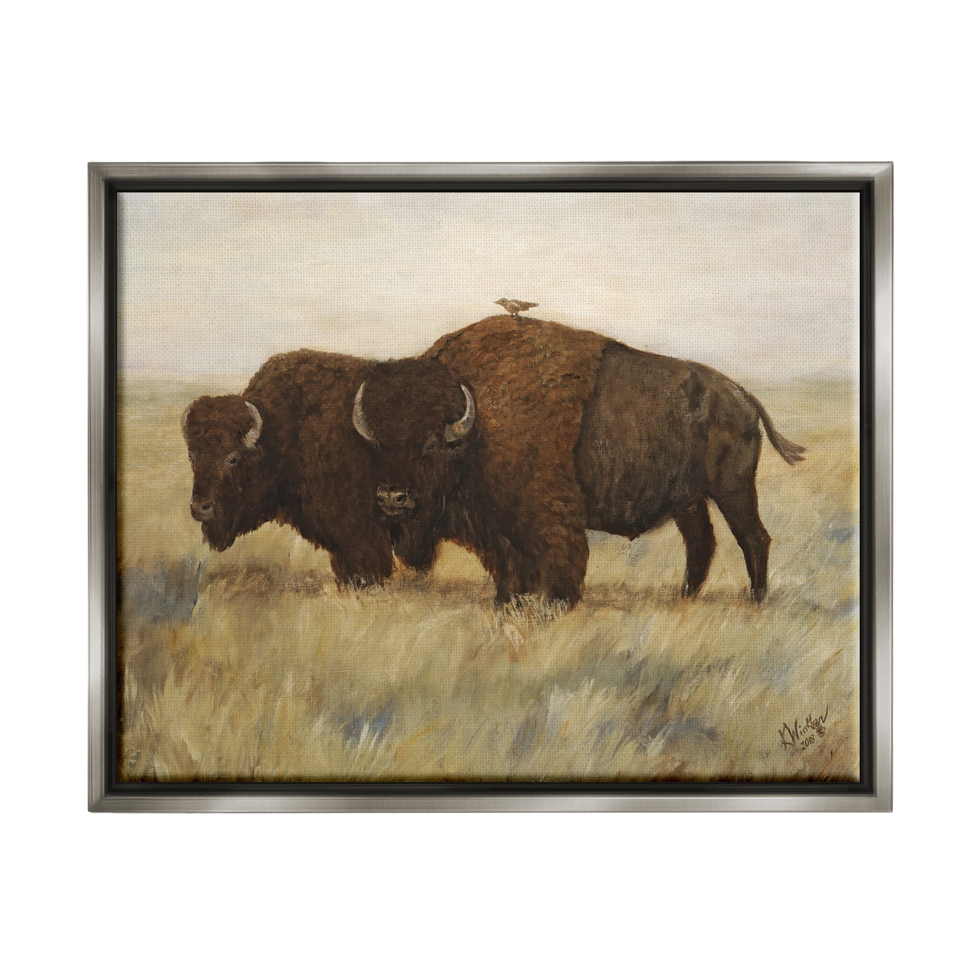 Stupell Industries Bird on Bison Rural Scene Animals & Insects Painting Gray Floater Framed Art Print Wall Art