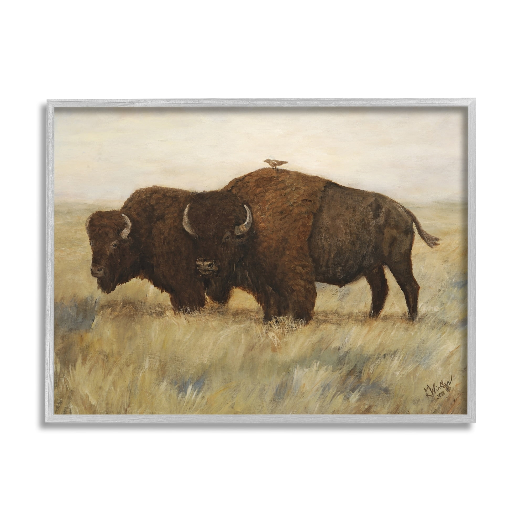 Stupell Industries Bird on Bison Rural Scene Animals & Insects Painting Gray Framed Art Print Wall Art