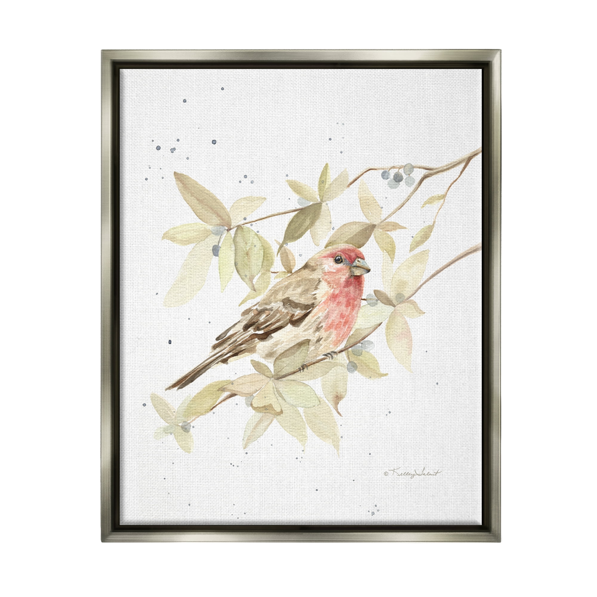 Stupell Industries Bird on Branch Watercolor Animals & Insects Painting Gray Floater Framed Art Print Wall Art, 17 x 21