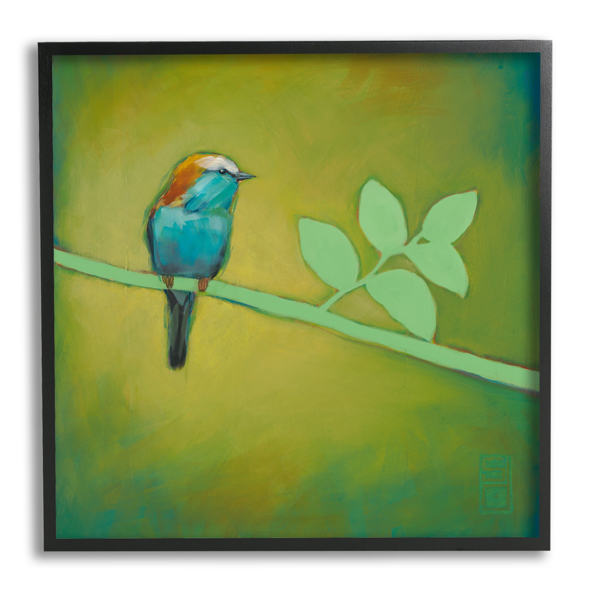 Stupell Industries Bird on Green Branch Animals & Insects Painting Black Framed Art Print Wall Art, 17 x 17