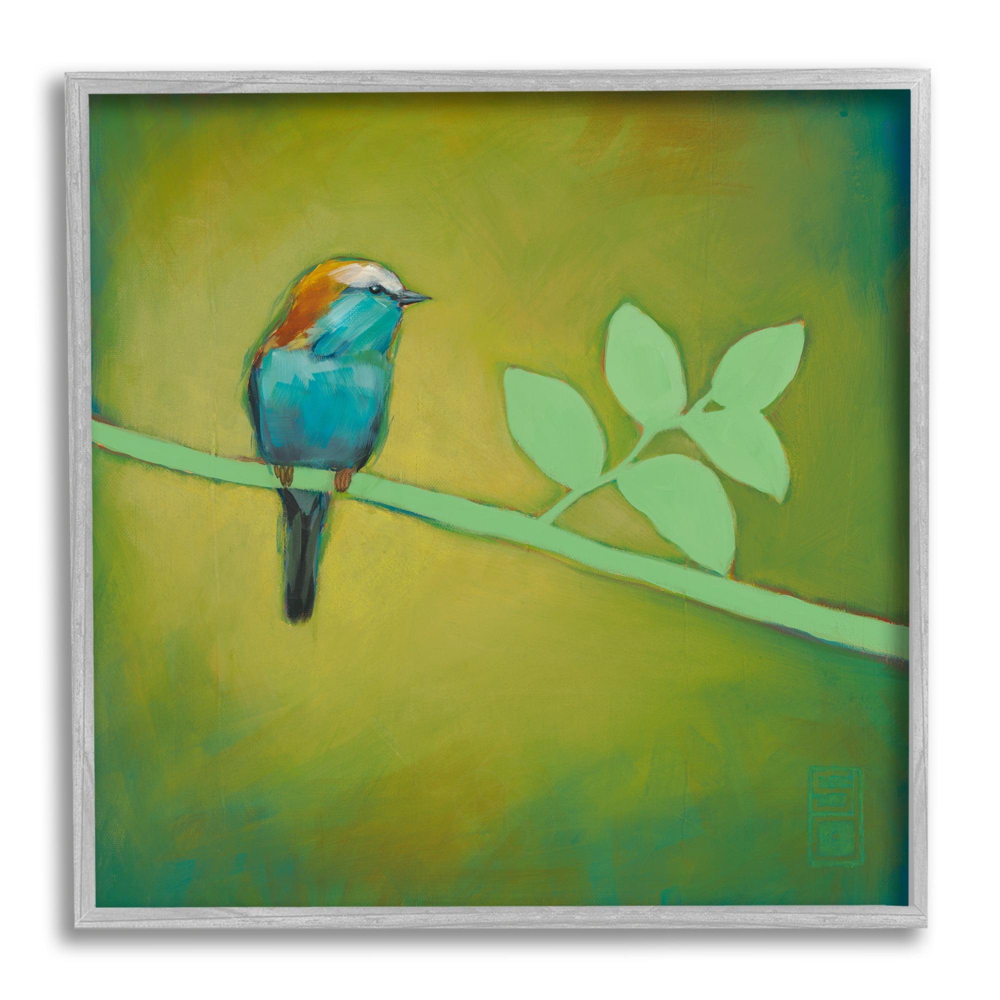 Stupell Industries Bird on Green Branch Animals & Insects Painting Gray Framed Art Print Wall Art, 12 x 12