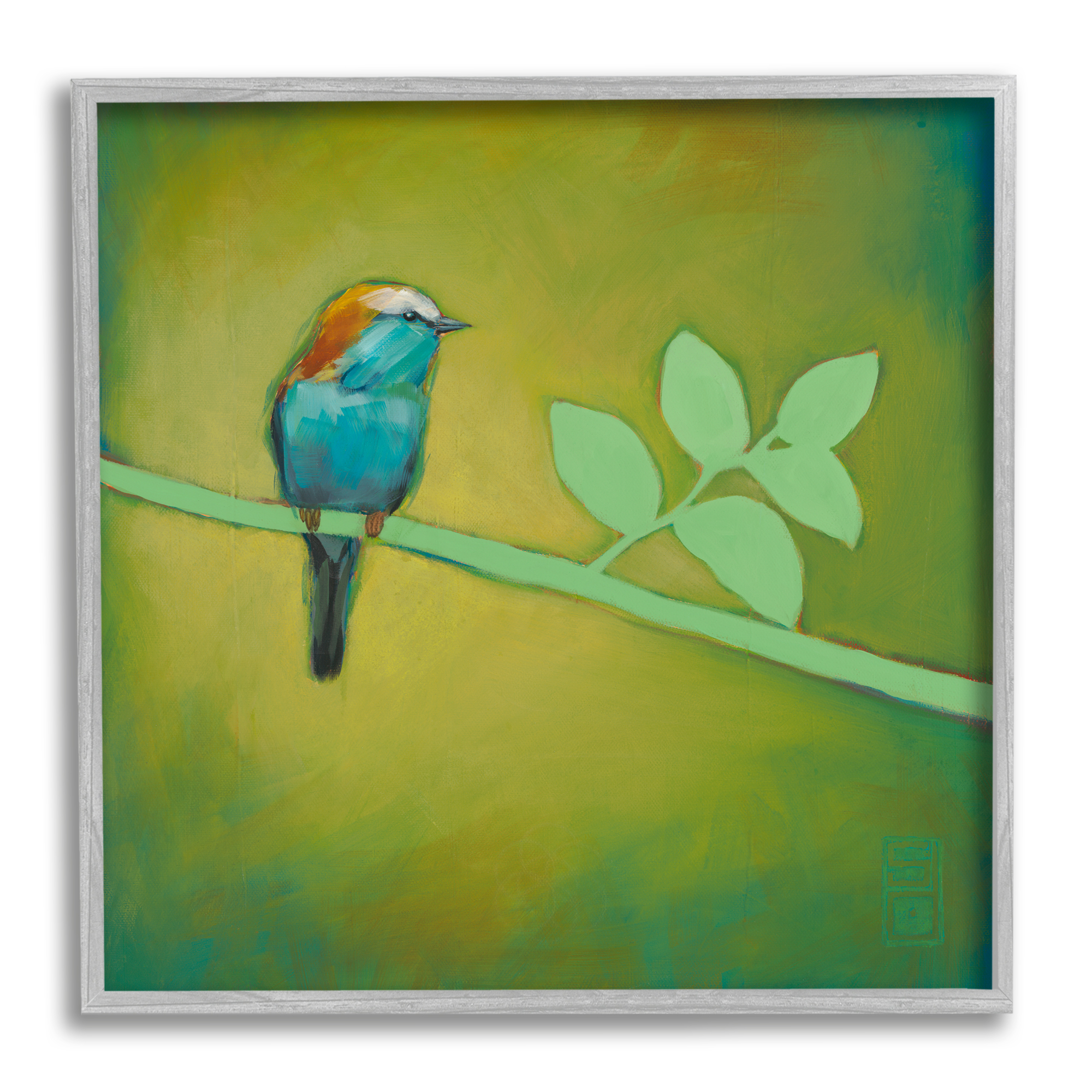 Stupell Industries Bird on Green Branch Animals & Insects Painting Gray Framed Art Print Wall Art, 24 x 24