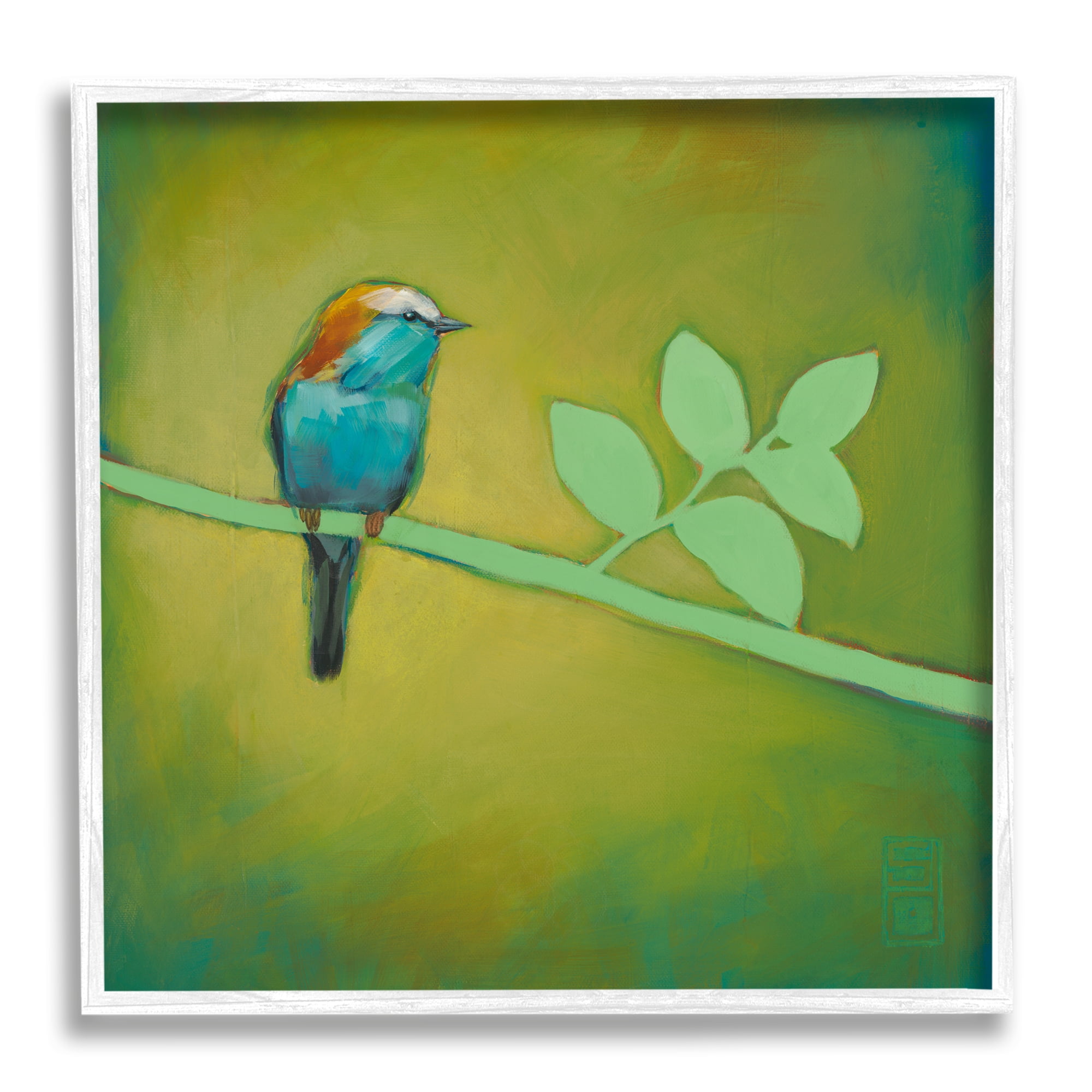 Stupell Industries Bird on Green Branch Animals & Insects Painting White Framed Art Print Wall Art, 12 x 12