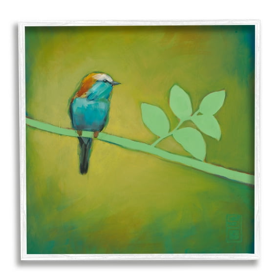 Stupell Industries Bird on Green Branch Animals & Insects Painting White Framed Art Print Wall Art, 24 x 24