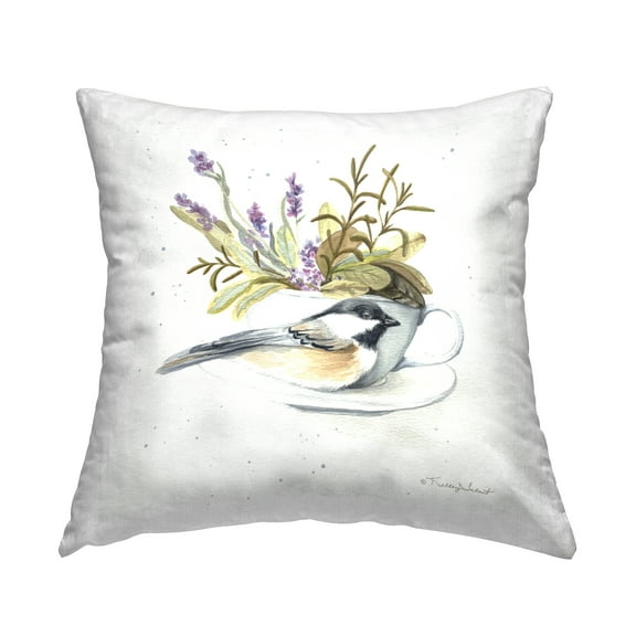Stupell Industries Bird on Lavender Teacup Square Decorative Printed Throw Pillow, 18 x 18