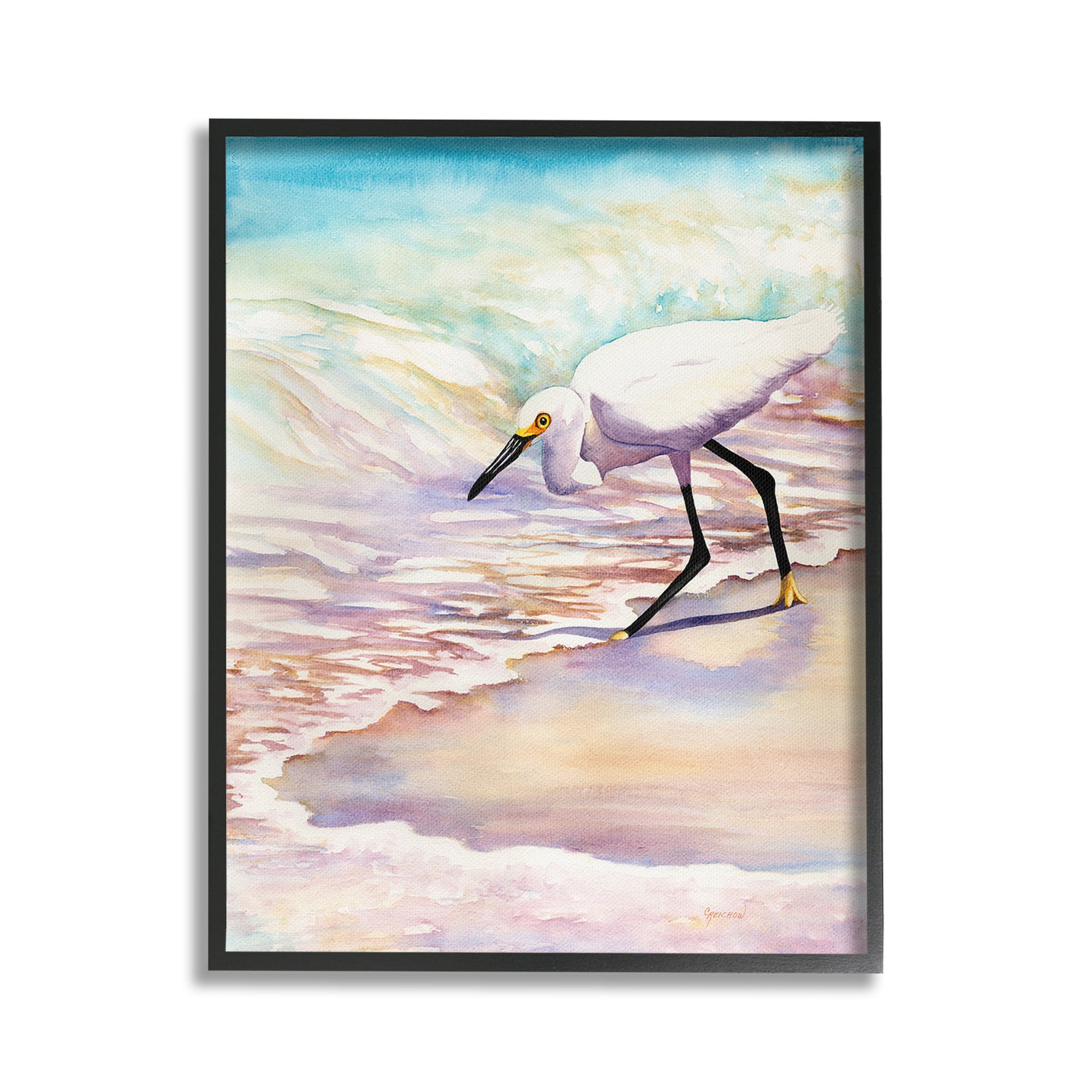 Stupell Industries Bird on Pastel Shore Animals & Insects Painting Black Framed Art Print Wall Art, 24 x 30