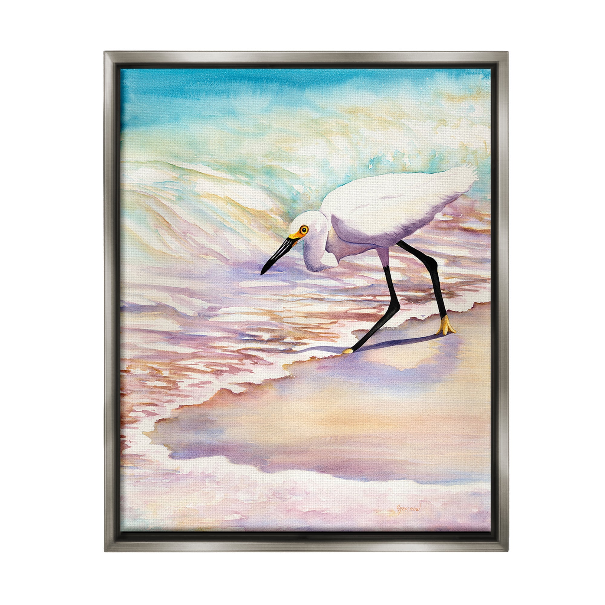 Stupell Industries Bird on Pastel Shore Animals & Insects Painting Gray Floater Framed Canvas Art Print Wall Art, 25 x 31