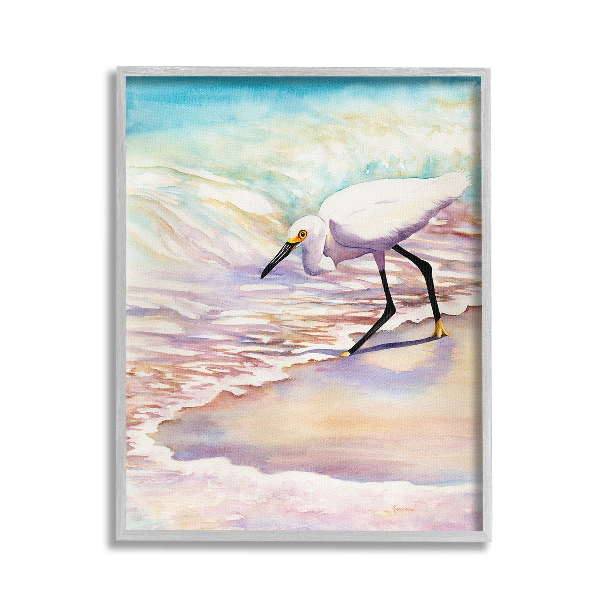 Stupell Industries Bird on Pastel Shore Animals & Insects Painting Gray Framed Art Print Wall Art, 24 x 30
