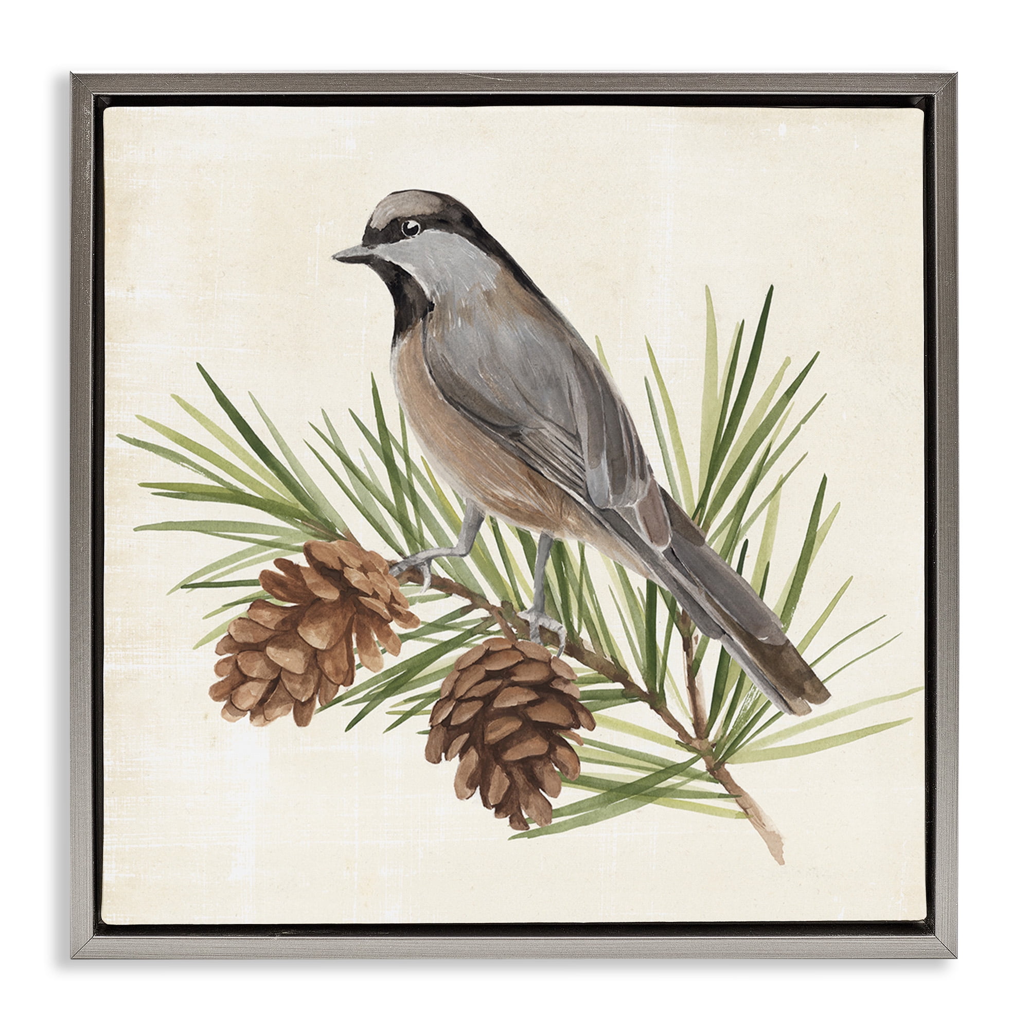 Stupell Industries Bird on Pine Tree Animals & Insects Painting Gray Floater Framed Canvas Art Print Wall Art, 18 x 18