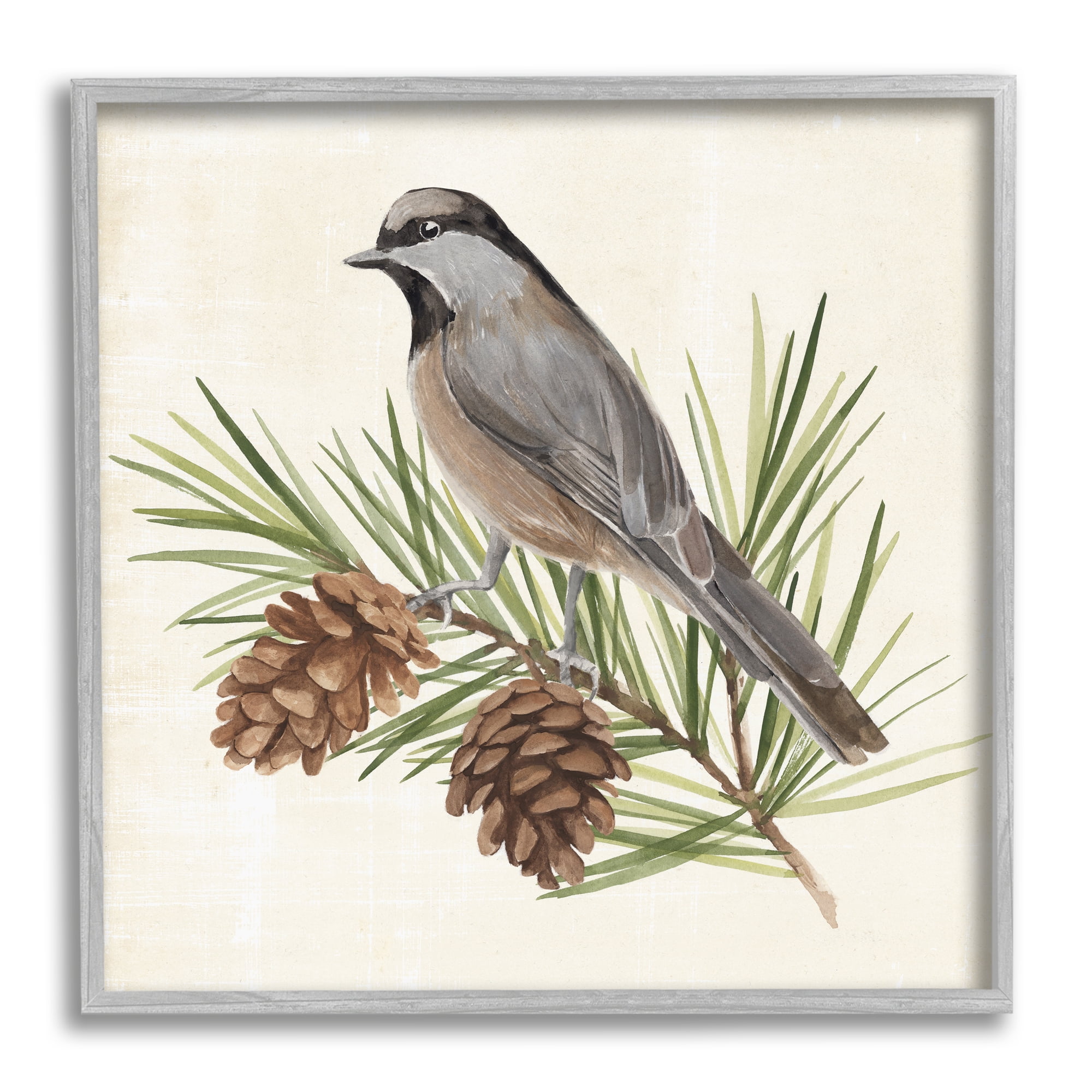 Stupell Industries Bird on Pine Tree Animals & Insects Painting Gray Framed Art Print Wall Art, 17 x 17