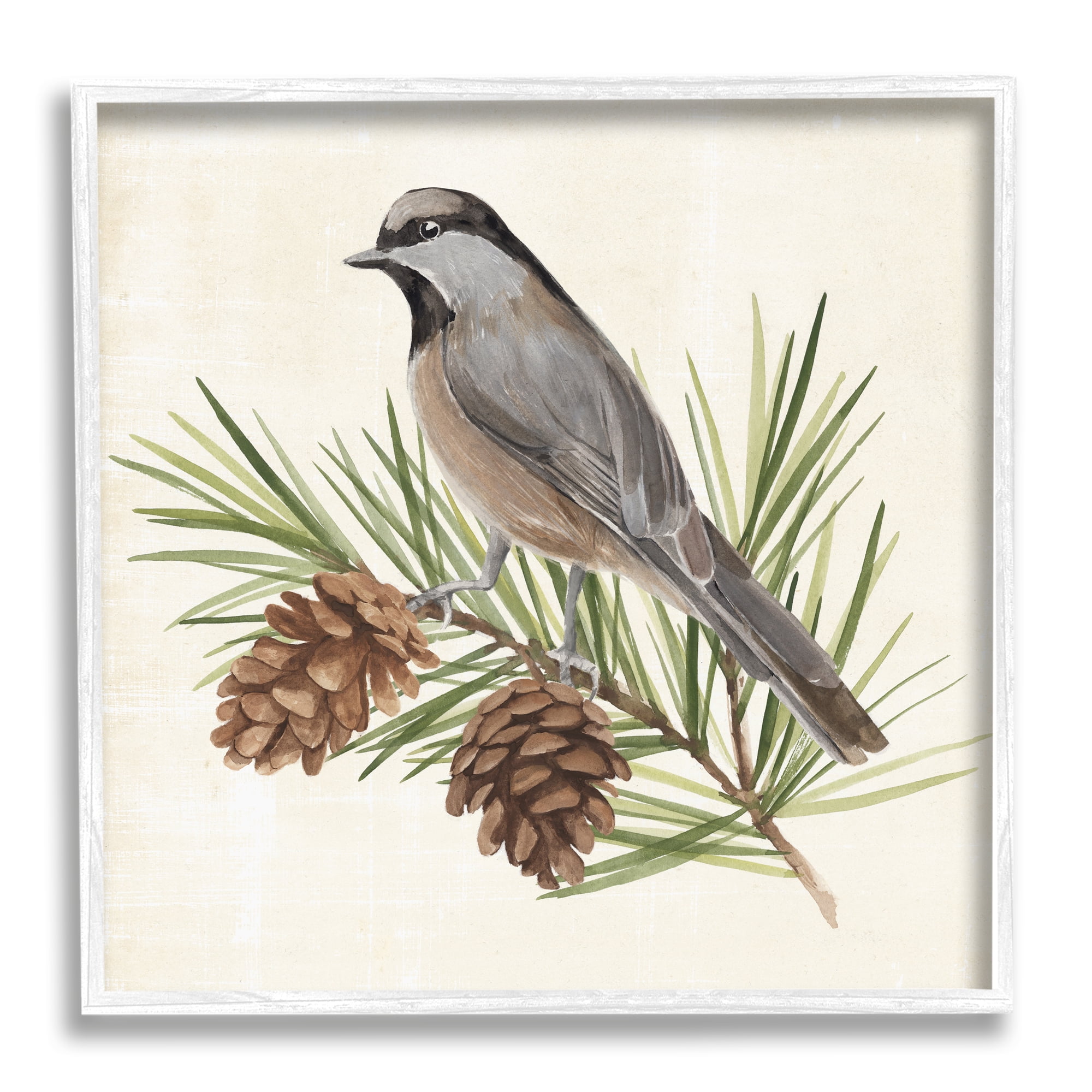 Stupell Industries Bird on Pine Tree Animals & Insects Painting White Framed Art Print Wall Art, 17 x 17