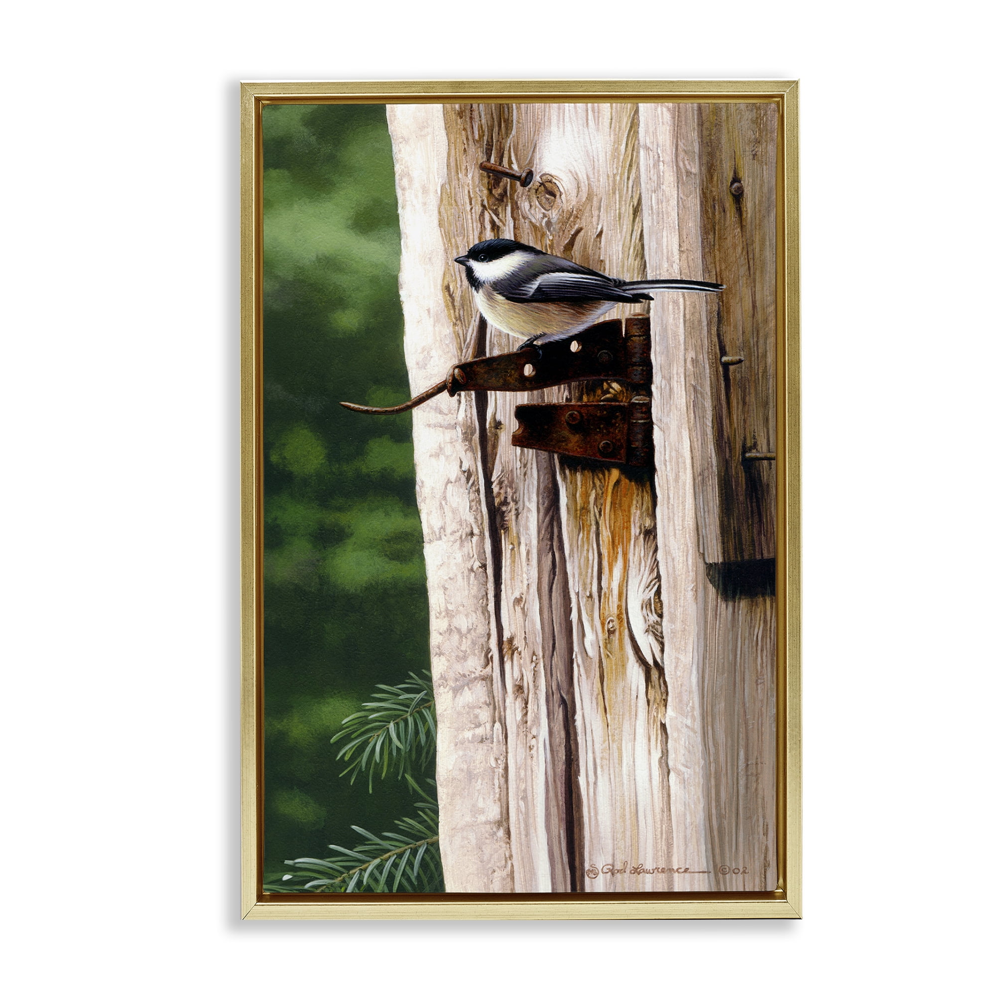Stupell Industries Bird on Rusty Perch Animals Painting Gold Floater Framed Canvas Art Print Wall Art, 21 x 31