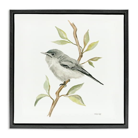 Stupell Industries Bird on Simple Branch Animals & Insects Painting Black Floater Framed Canvas Art Print Wall Art, 18 x 18