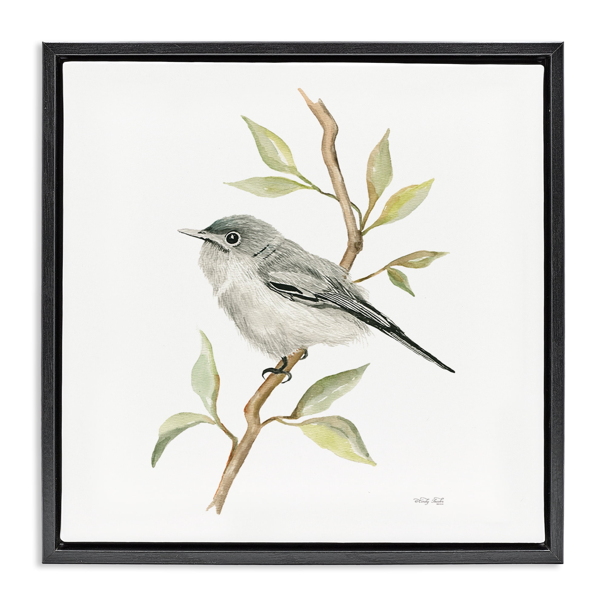 Stupell Industries Bird on Simple Branch Animals & Insects Painting Black Floater Framed Canvas Art Print Wall Art, 25 x 25