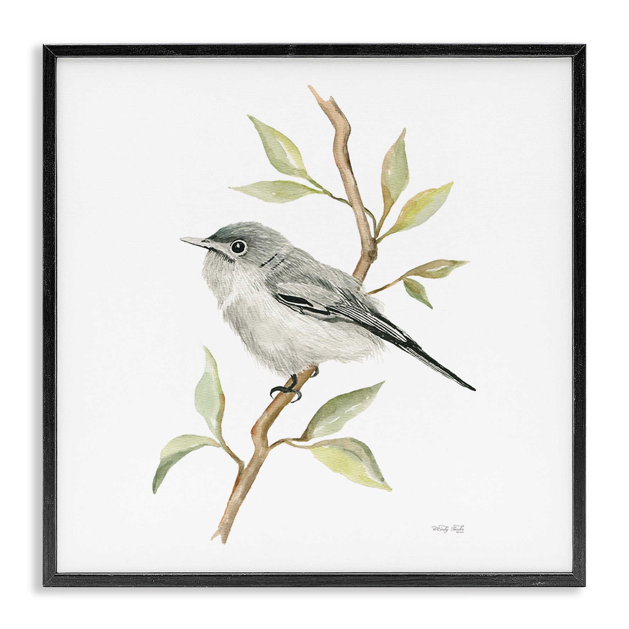 Stupell Industries Bird on Simple Branch Animals & Insects Painting Black Framed Art Print Wall Art, 17 x 17