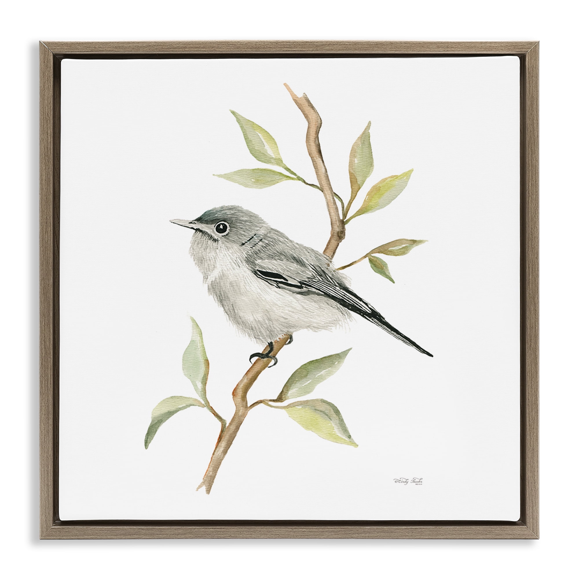 Stupell Industries Bird on Simple Branch Animals & Insects Painting Brown Floater Framed Canvas Art Print Wall Art, 18 x 18