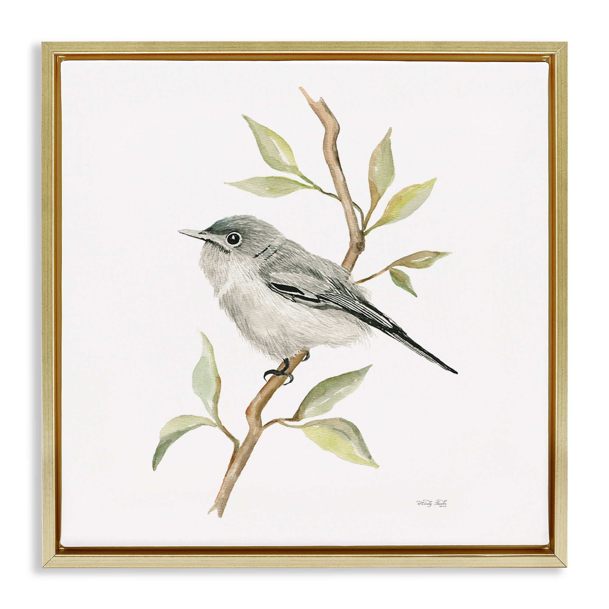 Stupell Industries Bird on Simple Branch Animals & Insects Painting Gold Floater Framed Canvas Art Print Wall Art, 25 x 25