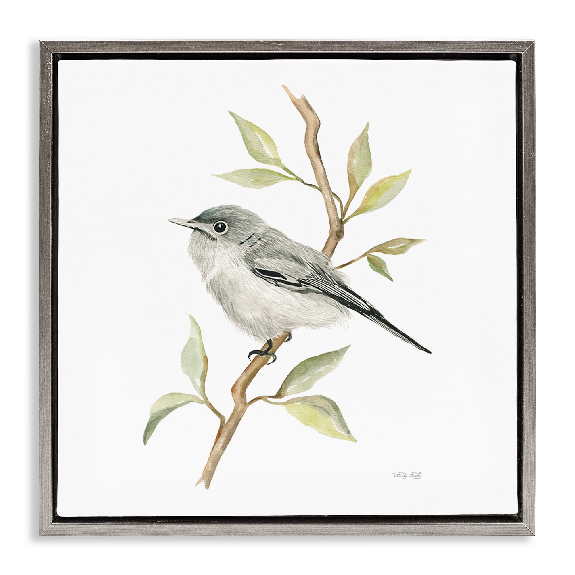 Stupell Industries Bird on Simple Branch Animals & Insects Painting Gray Floater Framed Canvas Art Print Wall Art, 25 x 25