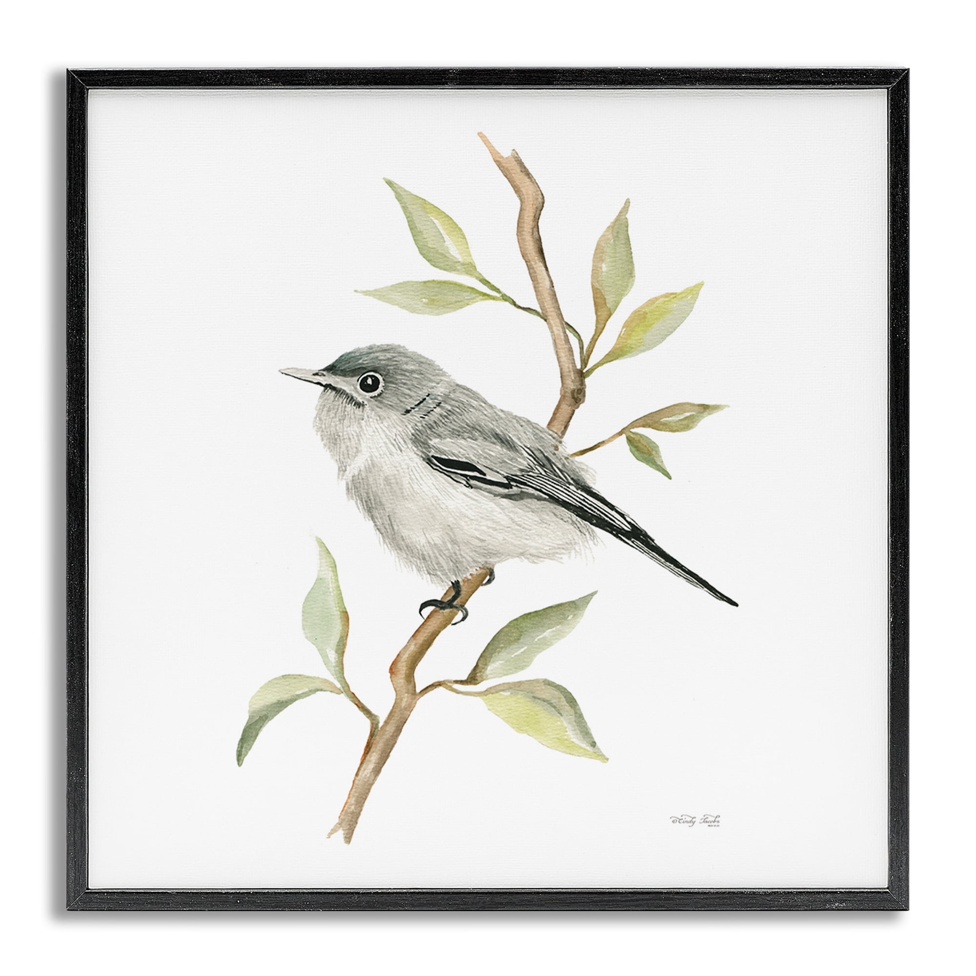 Stupell Industries Bird on Simple Branch Animals & Insects Painting Gray Framed Art Print Wall Art, 12 x 12