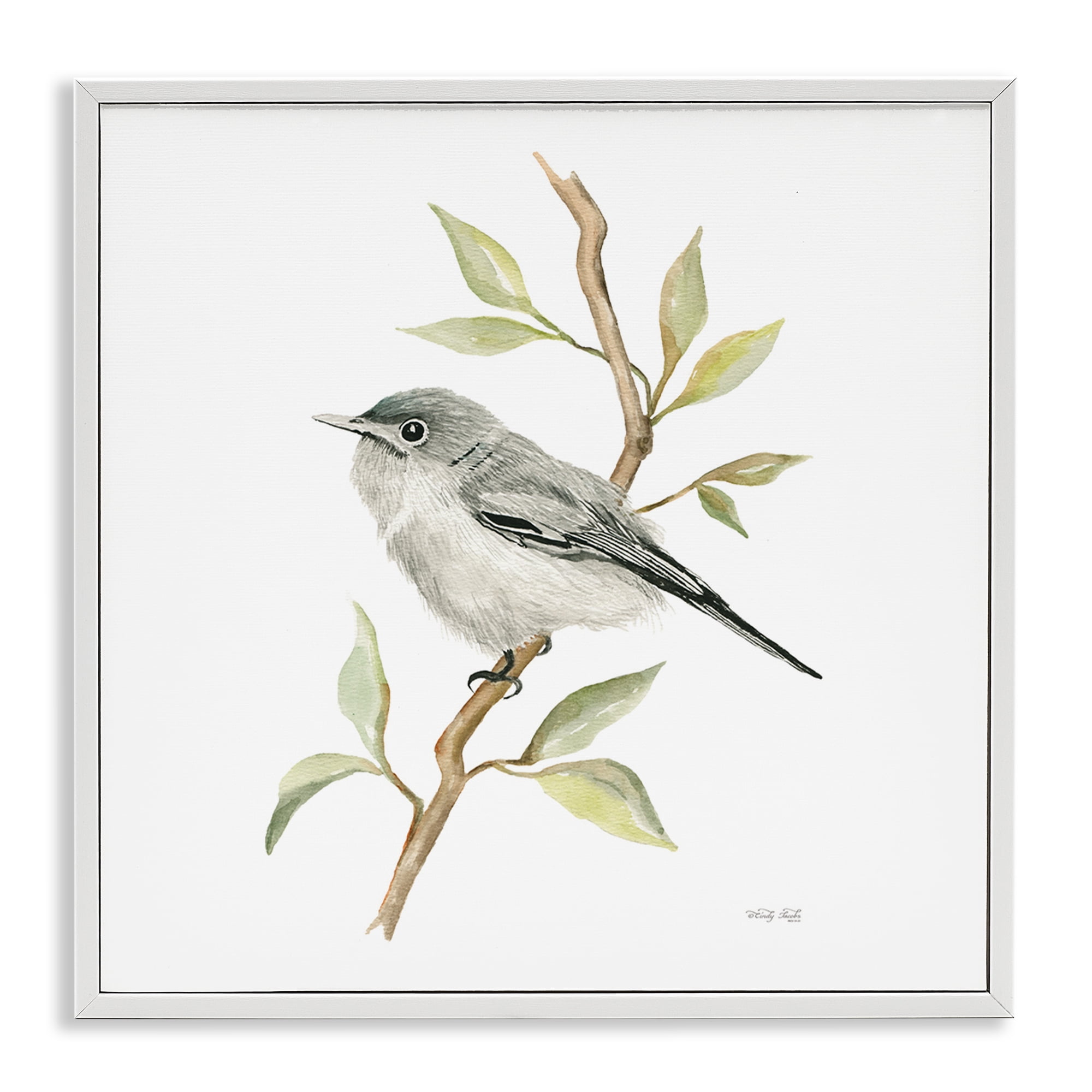 Stupell Industries Bird on Simple Branch Animals & Insects Painting White Framed Art Print Wall Art, 24 x 24