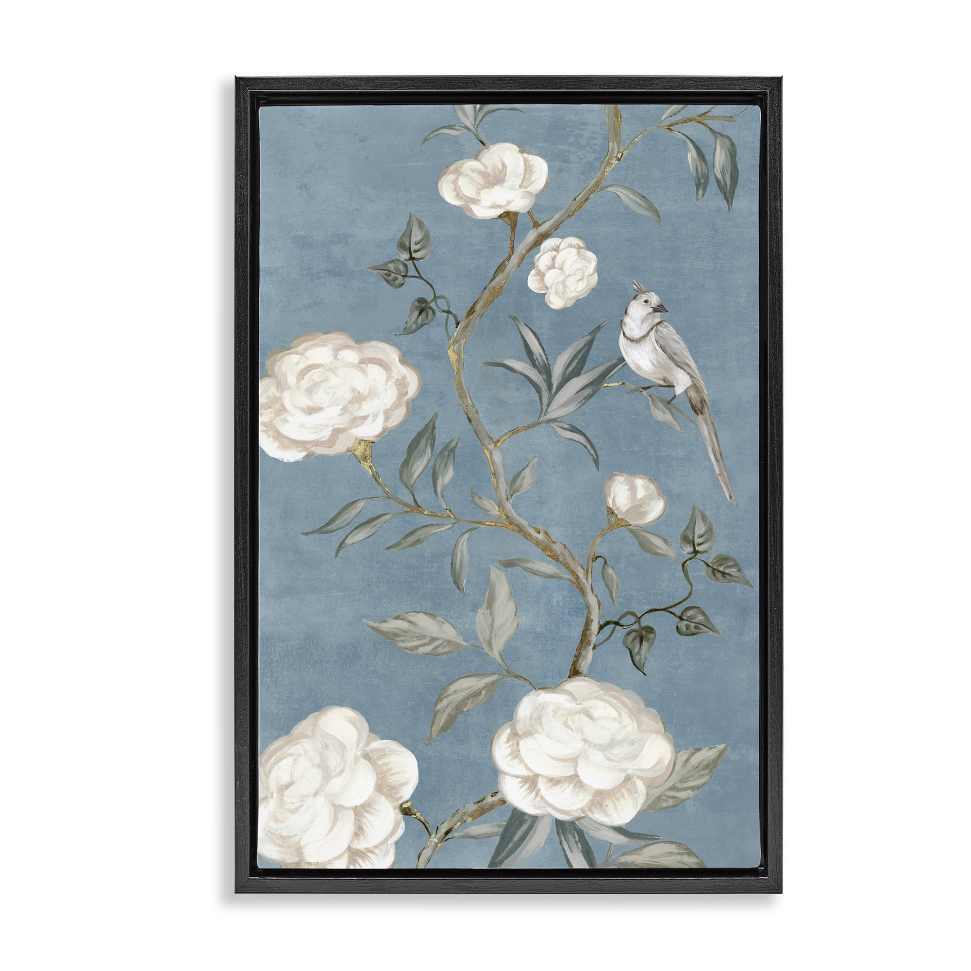 Stupell Industries Bird on Traditional Florals Plants & Flowers Painting Black Floater Framed Canvas Art Print Wall Art, 21 x 31