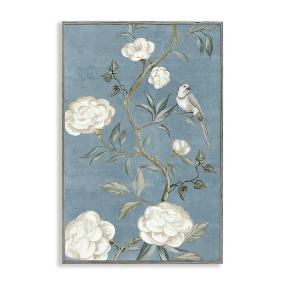Stupell Industries Bird on Traditional Florals Plants & Flowers Painting Gray Framed Art Print Wall Art, 12 x 18