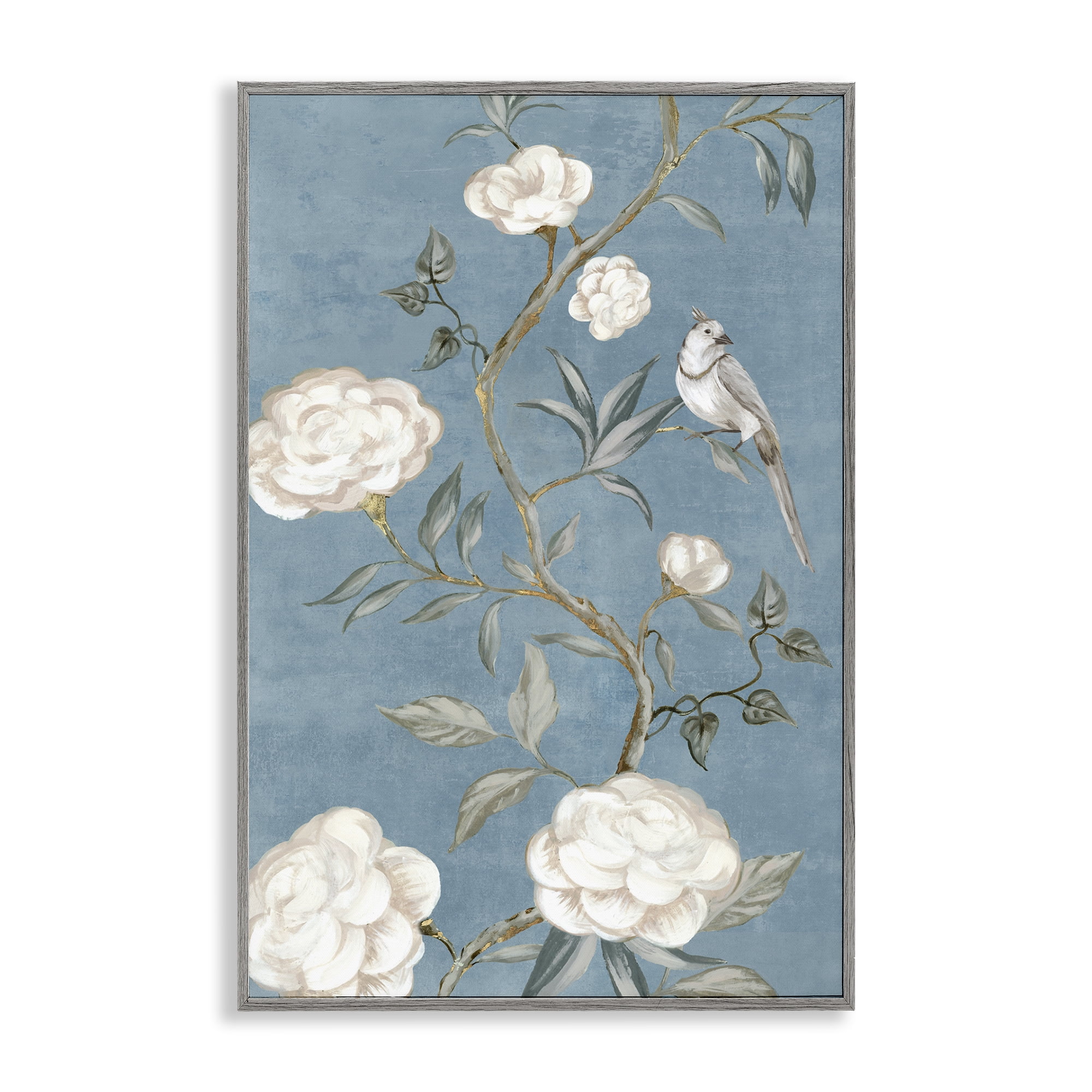 Stupell Industries Bird on Traditional Florals Plants & Flowers Painting Gray Framed Art Print Wall Art, 16 x 24