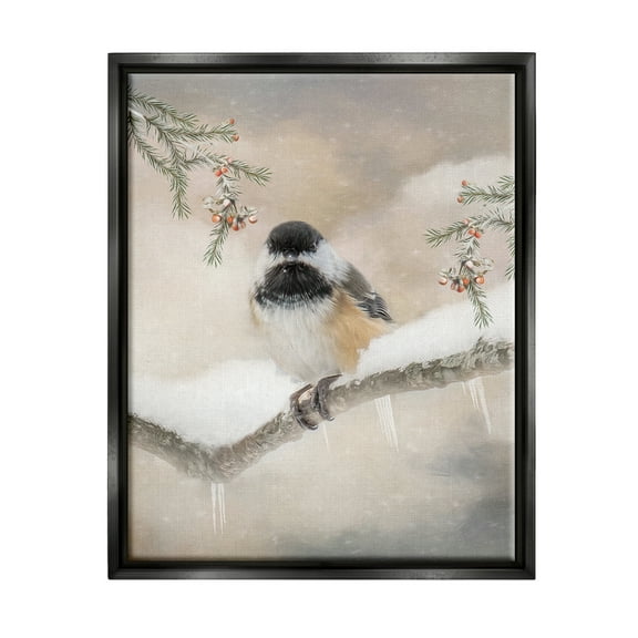Stupell Industries Bird on Winter Branch Animals & Insects Painting Black Floater Framed Art Print Wall Art, 17 x 21