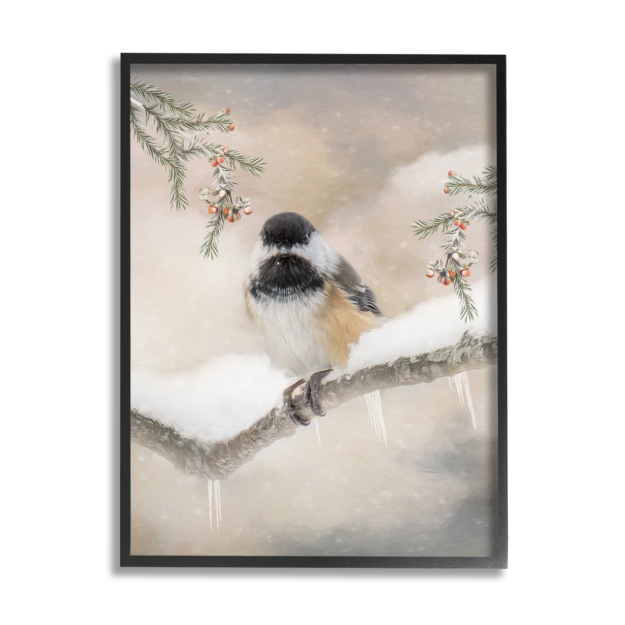 Stupell Industries Bird on Winter Branch Animals & Insects Painting Black Framed Art Print Wall Art, 24 x 30