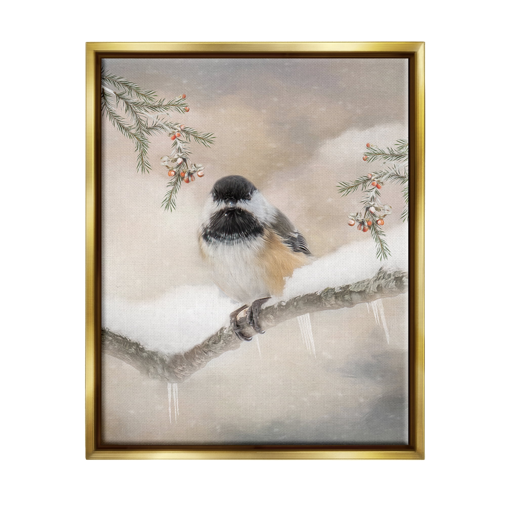 Stupell Industries Bird on Winter Branch Animals & Insects Painting Gold Floater Framed Art Print Wall Art, 17 x 21