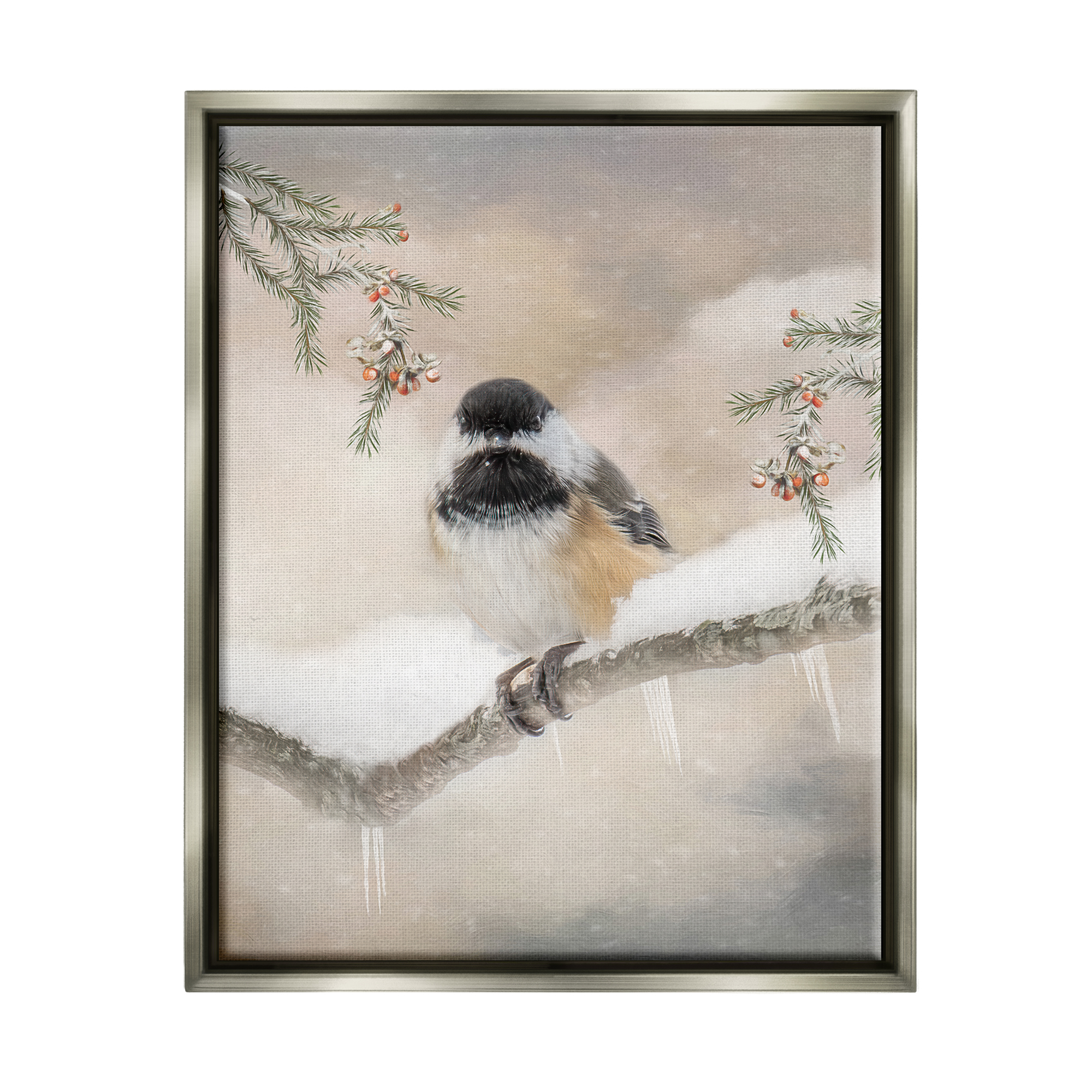Stupell Industries Bird on Winter Branch Animals & Insects Painting Gray Floater Framed Art Print Wall Art, 17 x 21