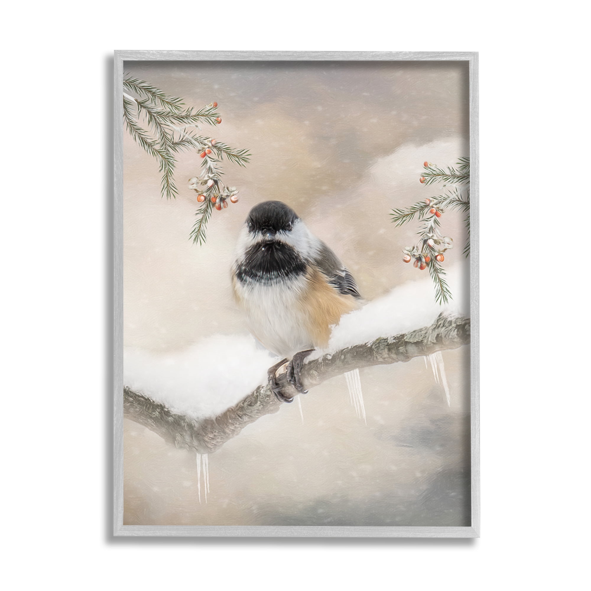 Stupell Industries Bird on Winter Branch Animals & Insects Painting Gray Framed Art Print Wall Art, 24 x 30
