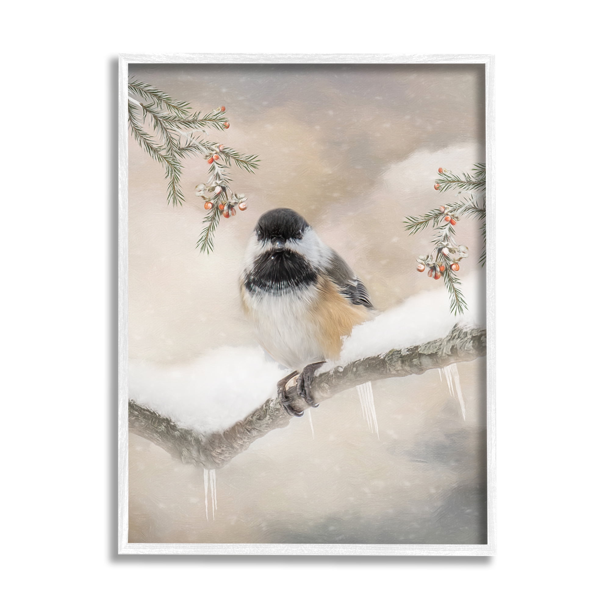 Stupell Industries Bird on Winter Branch Animals & Insects Painting White Framed Art Print Wall Art, 11 x 14