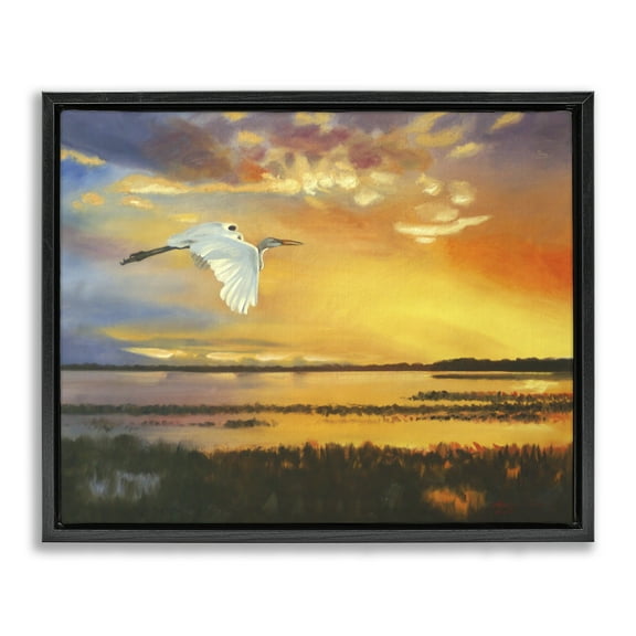Stupell Industries Bird over Sunlit Pond Landscape Painting Black Floater Framed Canvas Art Print Wall Art, 21 x 17