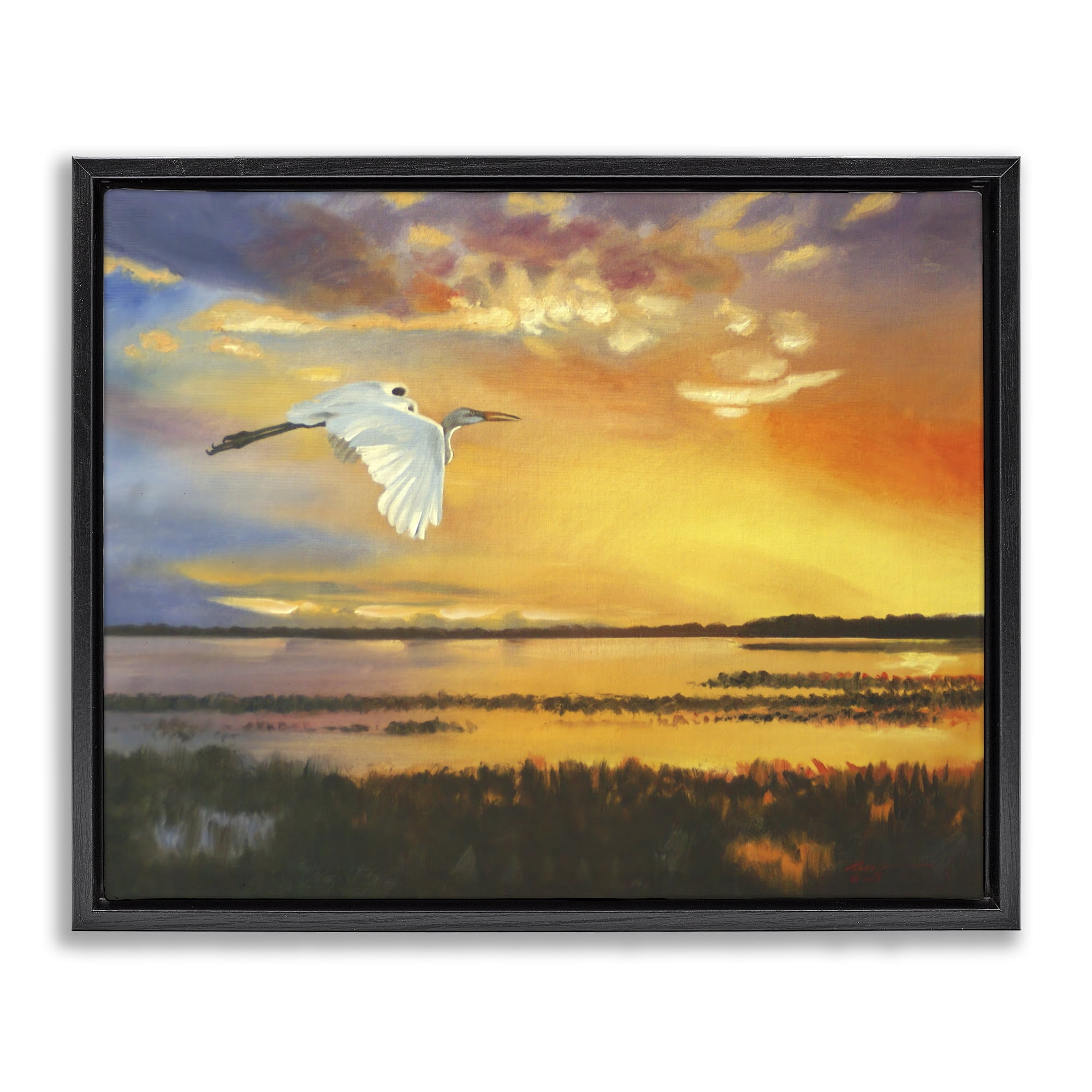Stupell Industries Bird over Sunlit Pond Landscape Painting Black Floater Framed Canvas Art Print Wall Art, 31 x 25