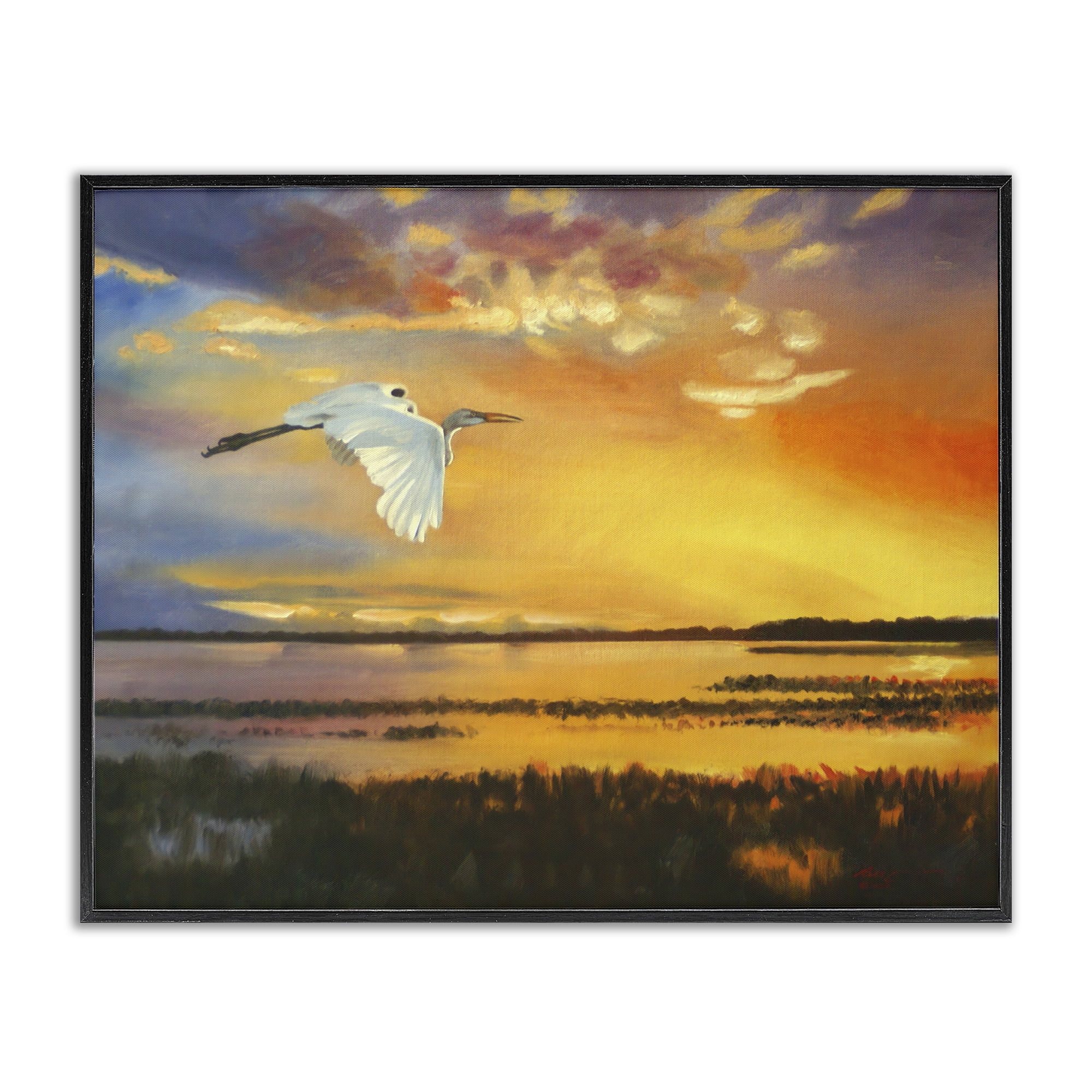 Stupell Industries Bird over Sunlit Pond Landscape Painting Black Framed Art Print Wall Art, 20 x 16