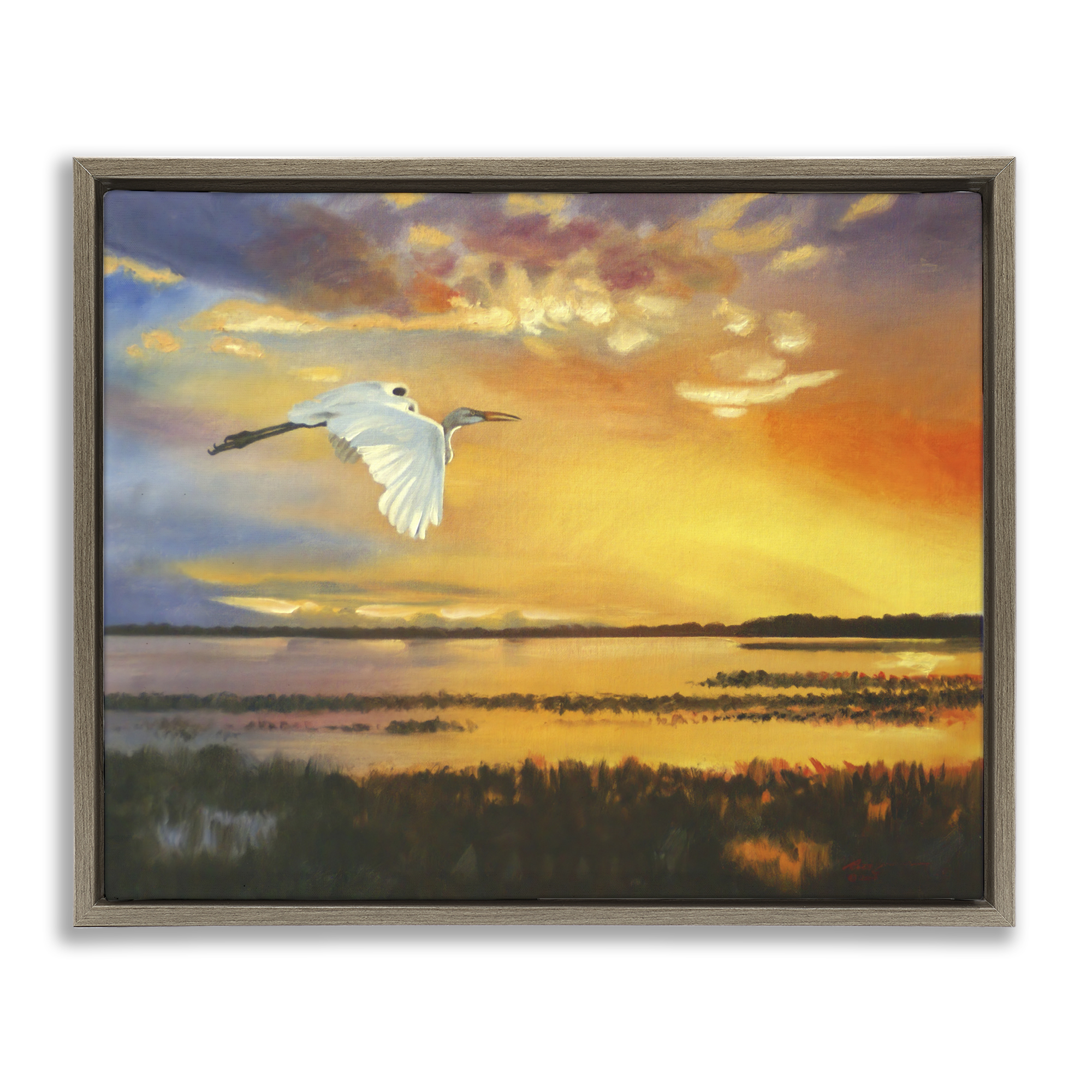 Stupell Industries Bird over Sunlit Pond Landscape Painting Brown Floater Framed Canvas Art Print Wall Art, 31 x 25