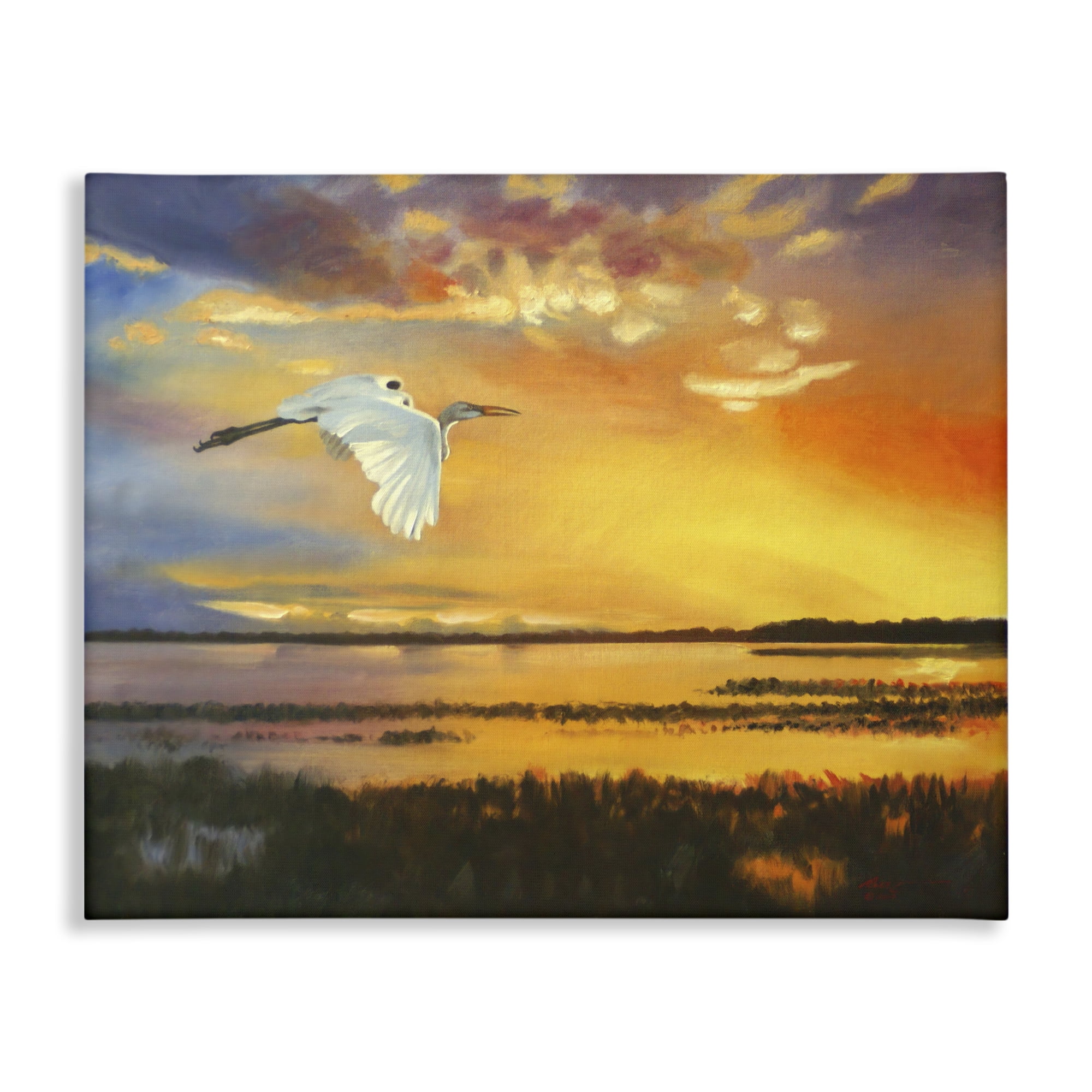 Stupell Industries Bird over Sunlit Pond Landscape Painting Gallery Wrapped Canvas Art Print Wall Art, 20 x 16