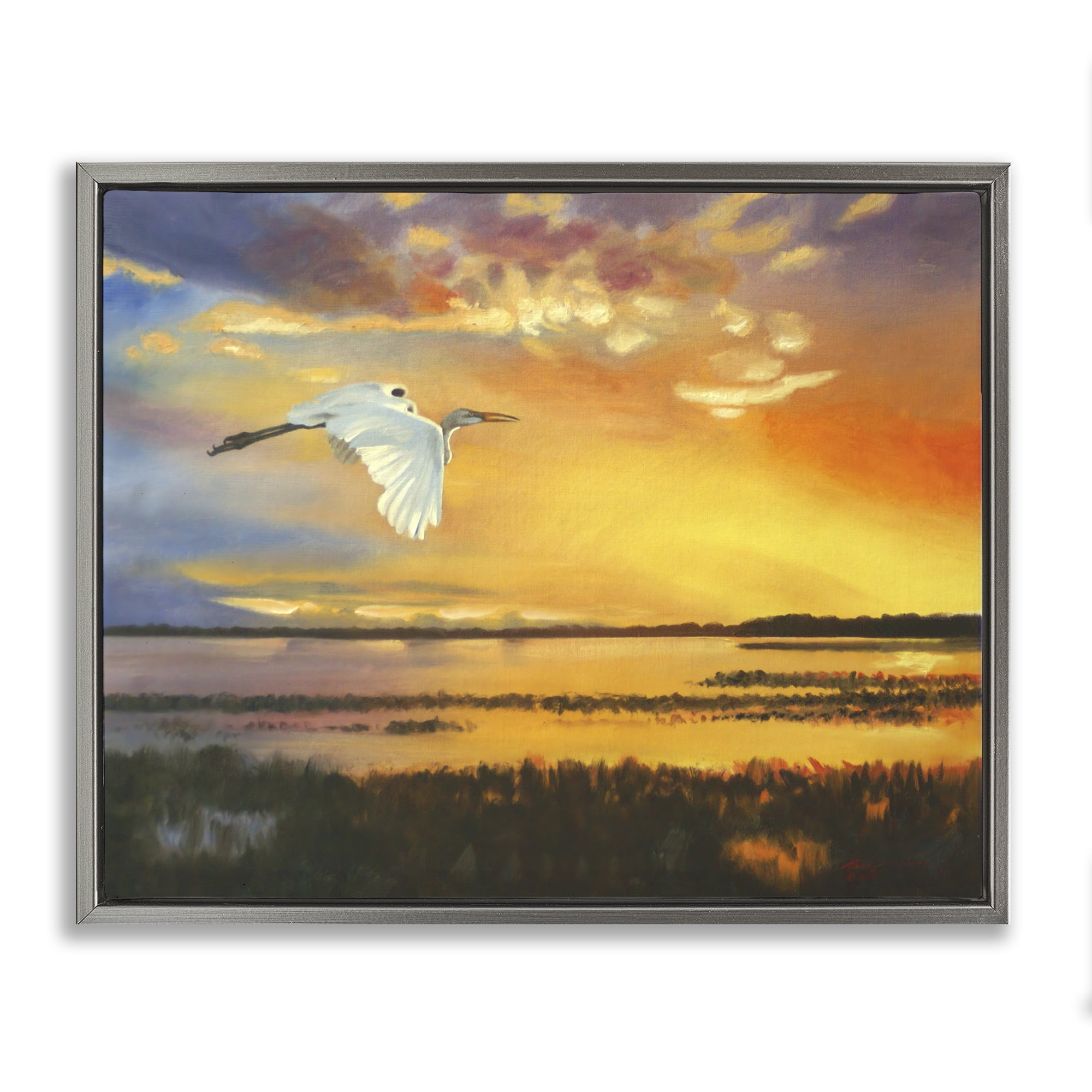 Stupell Industries Bird over Sunlit Pond Landscape Painting Gray Floater Framed Canvas Art Print Wall Art, 21 x 17