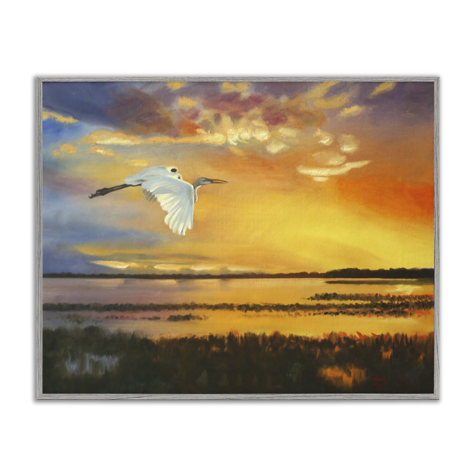 Stupell Industries Bird over Sunlit Pond Landscape Painting Gray Framed Art Print Wall Art, 20 x 16