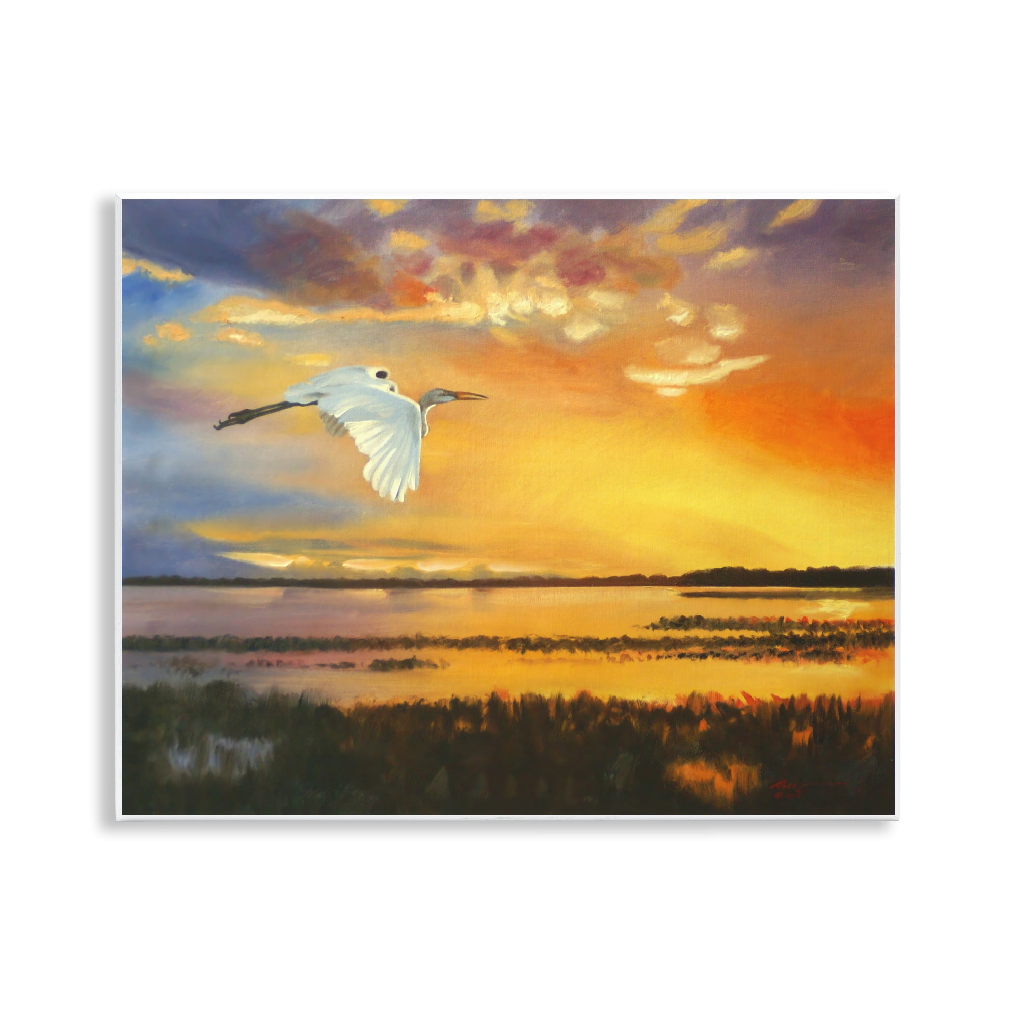 Stupell Industries Bird over Sunlit Pond Landscape Painting Unframed Art Print Wall Art, 14 x 11