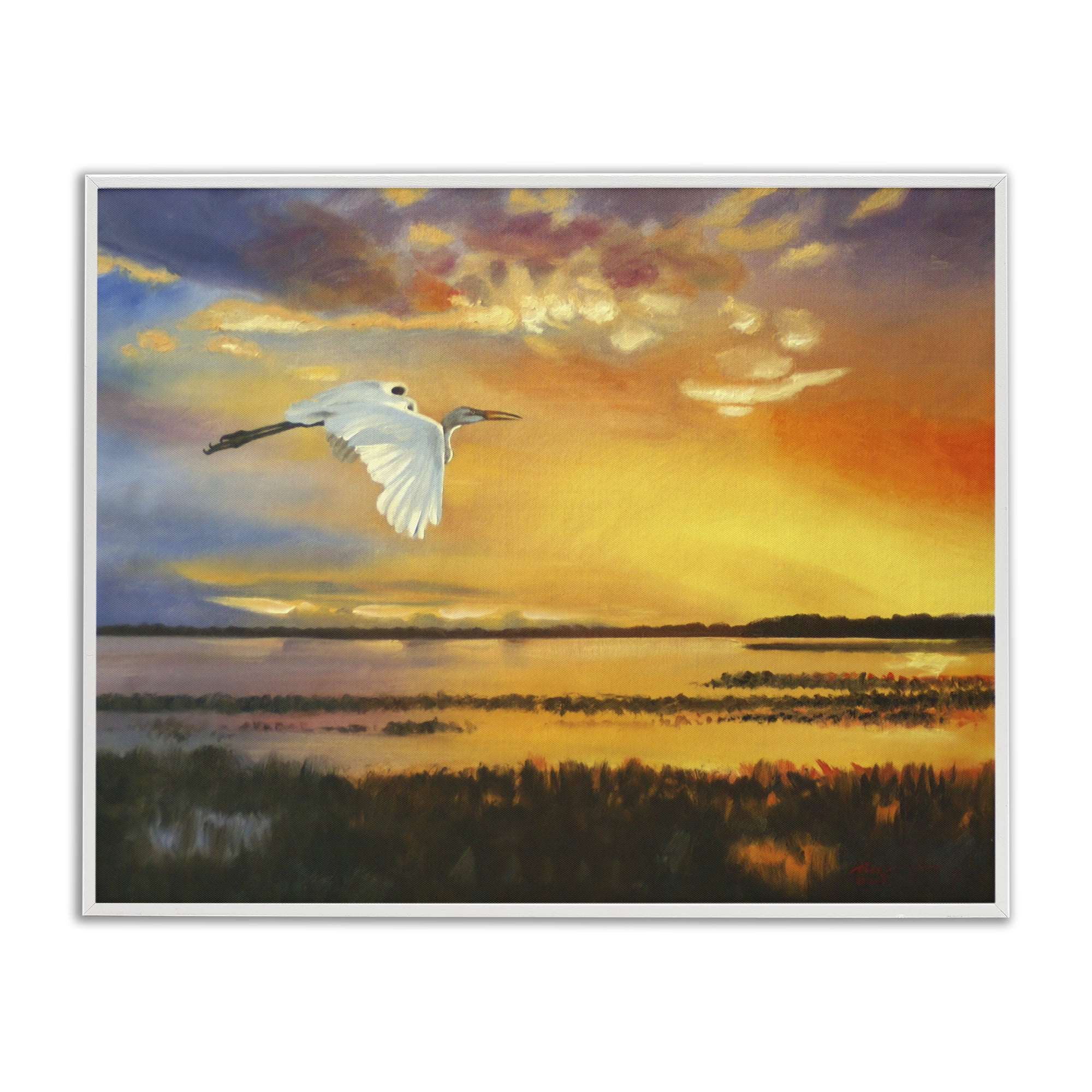 Stupell Industries Bird over Sunlit Pond Landscape Painting White Framed Art Print Wall Art, 30 x 24