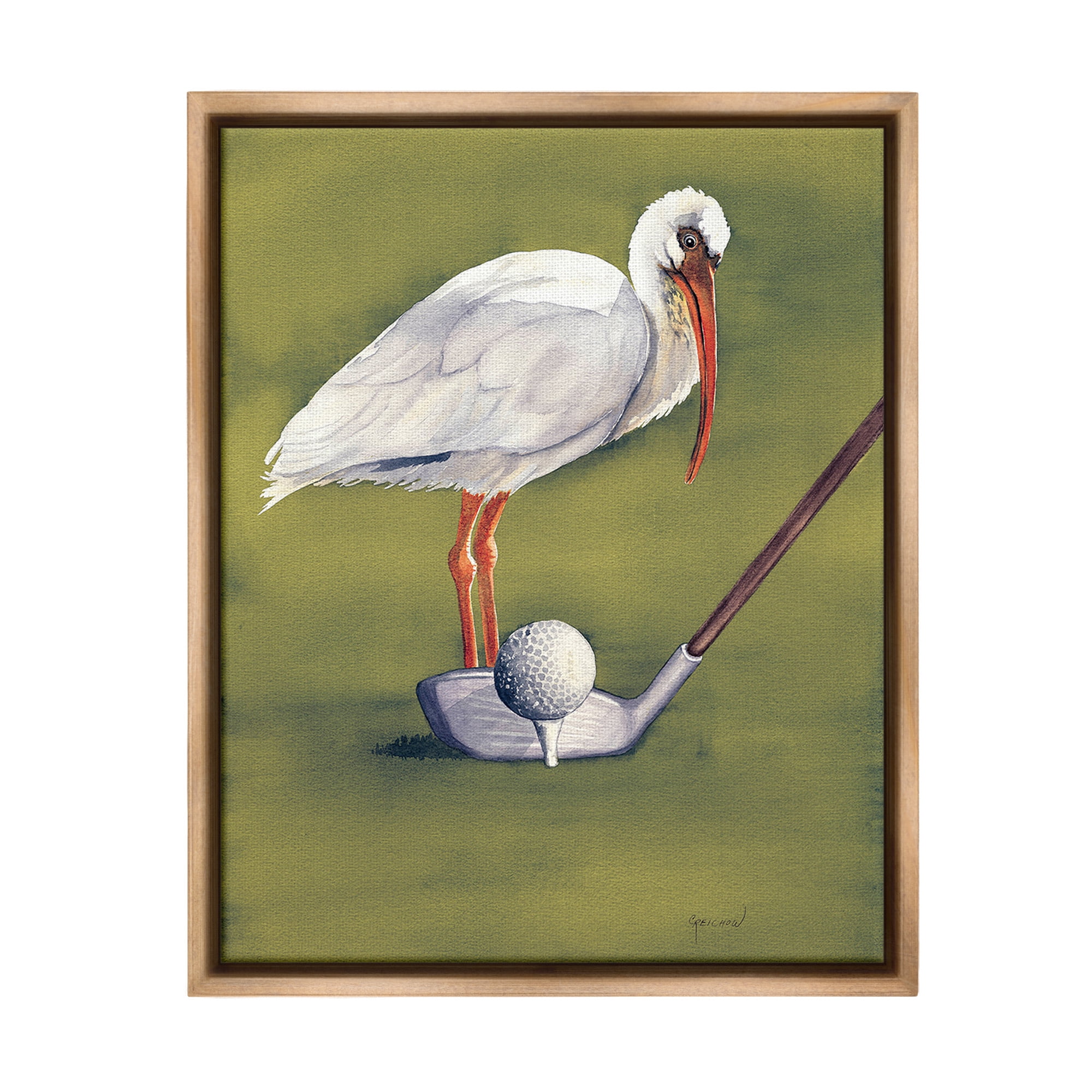 Stupell Industries Bird with Golf Club Animals & Insects Painting Brown Floater Framed Canvas Art Print Wall Art, 25 x 31