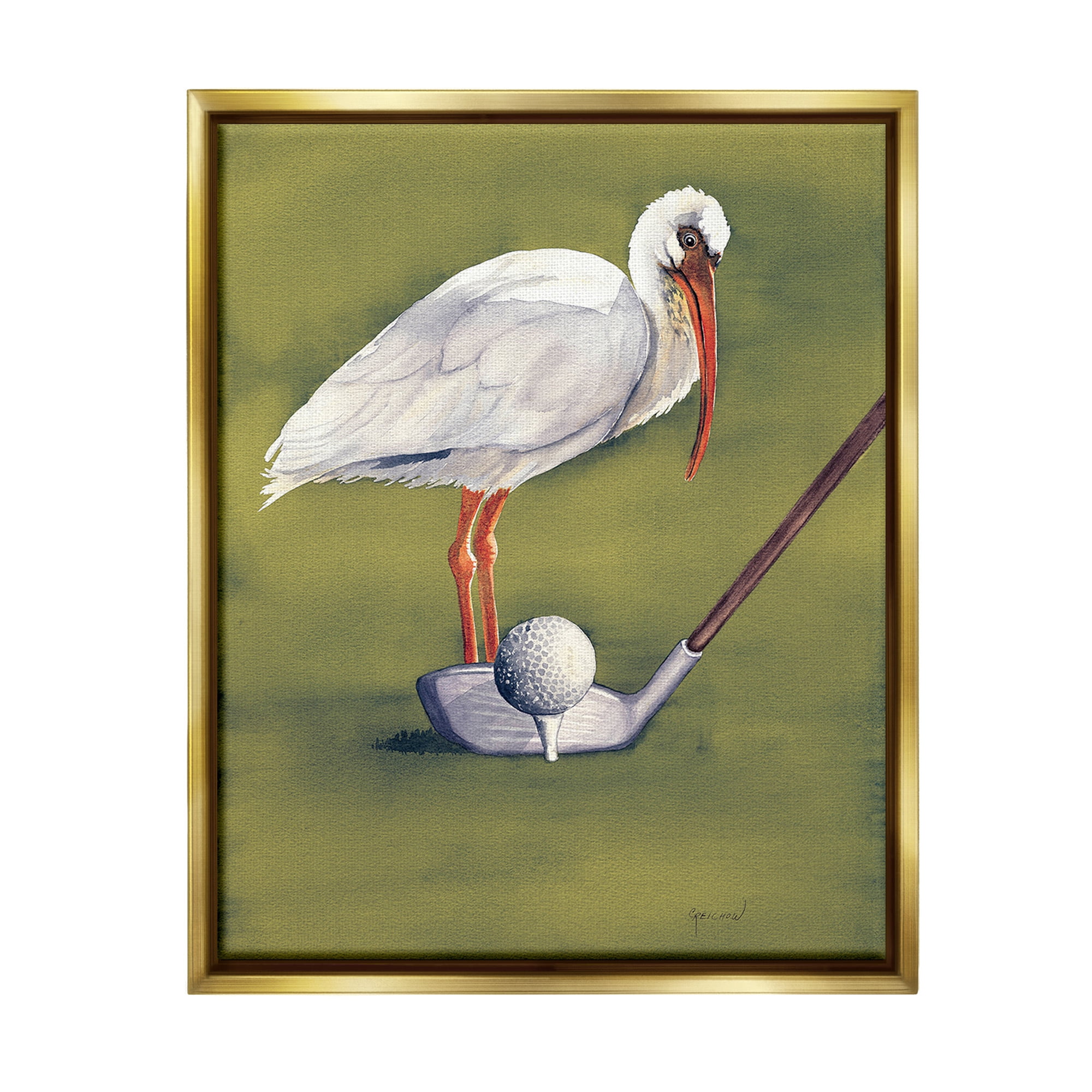 Stupell Industries Bird with Golf Club Animals & Insects Painting Gold Floater Framed Canvas Art Print Wall Art, 17 x 21