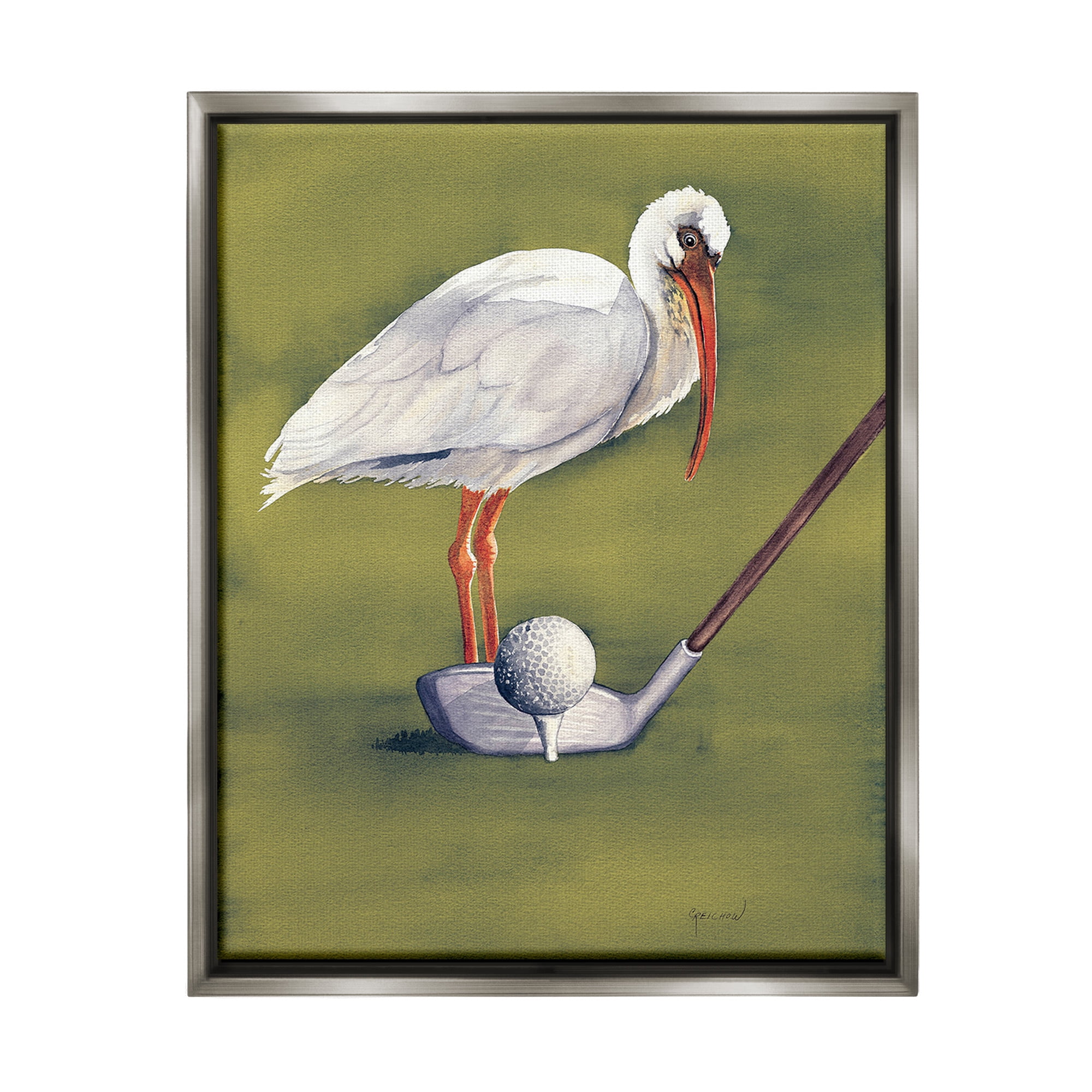 Stupell Industries Bird with Golf Club Animals & Insects Painting Gray Floater Framed Canvas Art Print Wall Art, 25 x 31