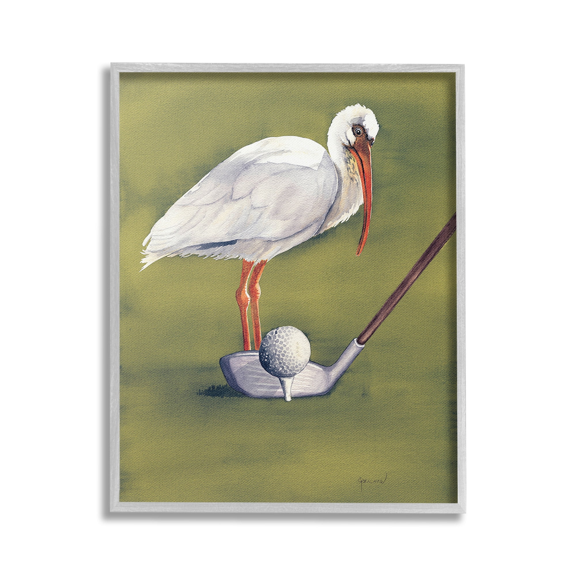 Stupell Industries Bird with Golf Club Animals & Insects Painting Gray Framed Art Print Wall Art, 16 x 20