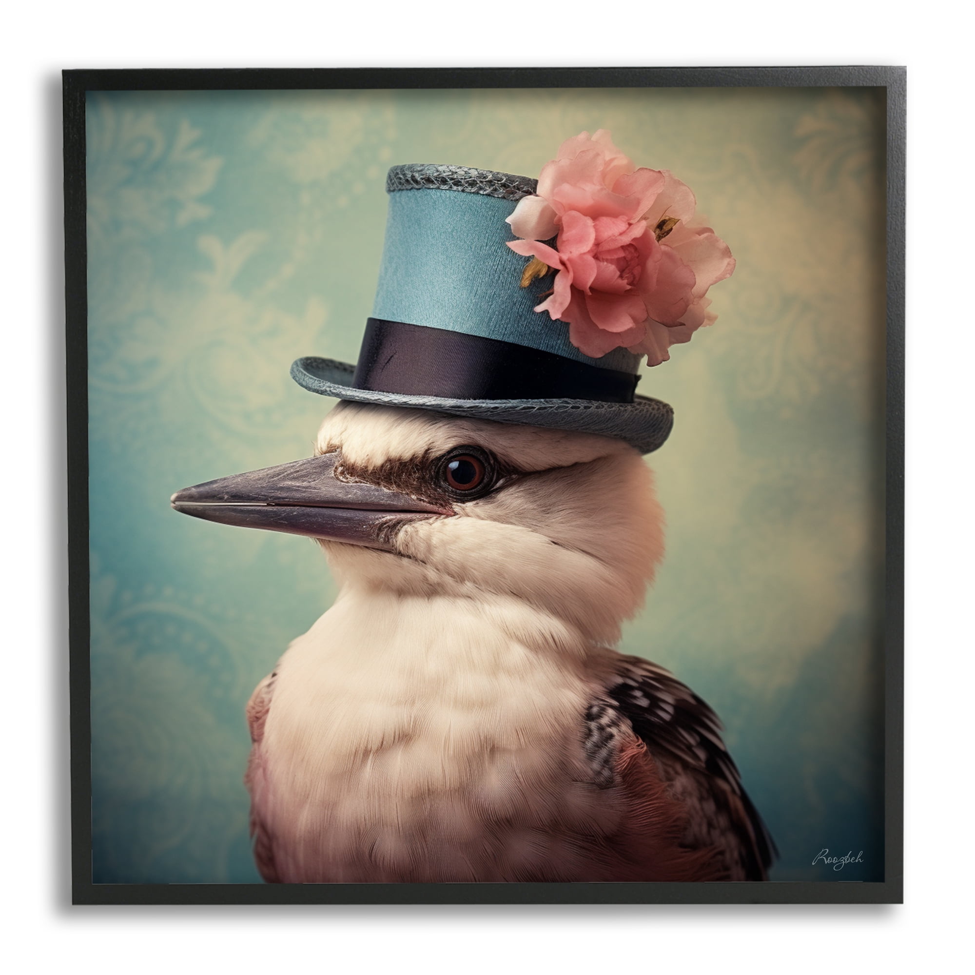Stupell Industries Bird with Peony Hat Animals & Insects Painting Black Framed Art Print Wall Art, 24 x 24