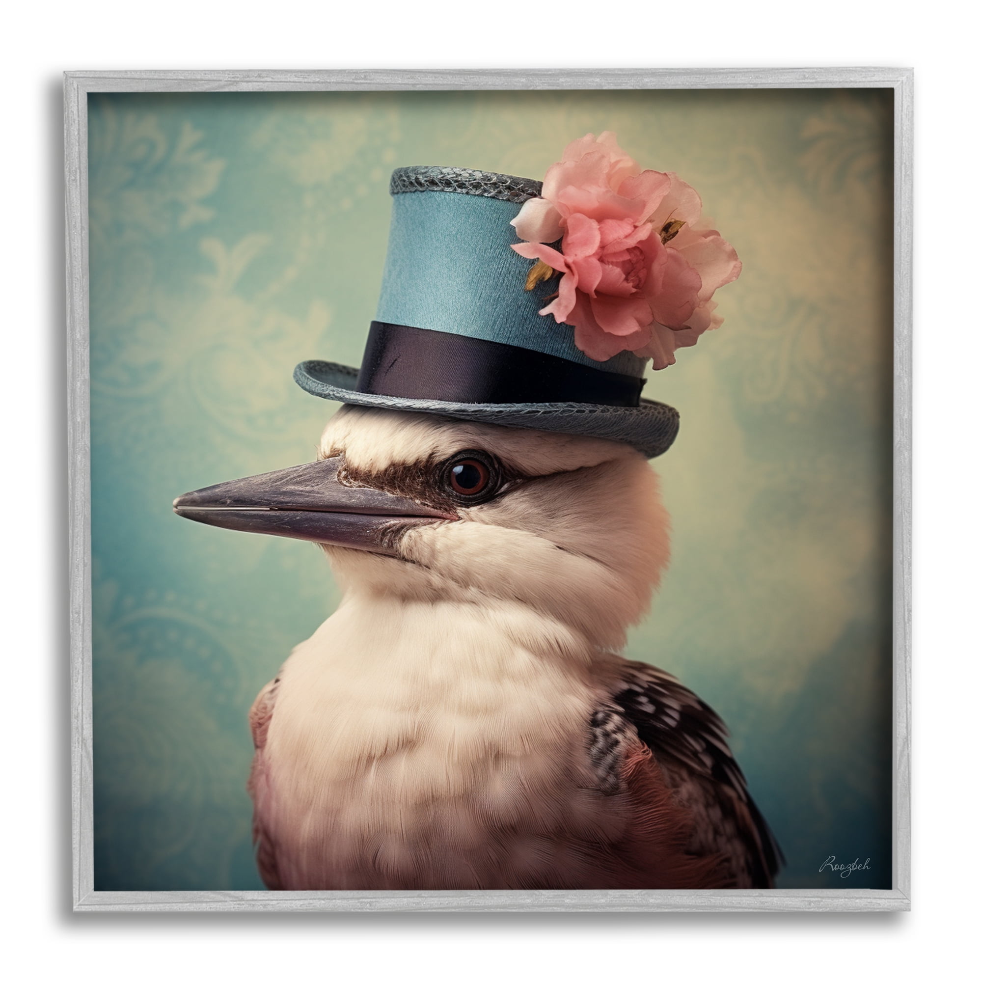 Stupell Industries Bird with Peony Hat Animals & Insects Painting Gray Framed Art Print Wall Art, 17 x 17