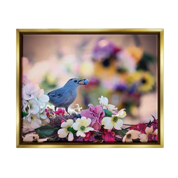 Stupell Industries Bird with Spring Flowers Animals & Insects Photography Gold Floater Framed Art Print Wall Art, 31 x 25
