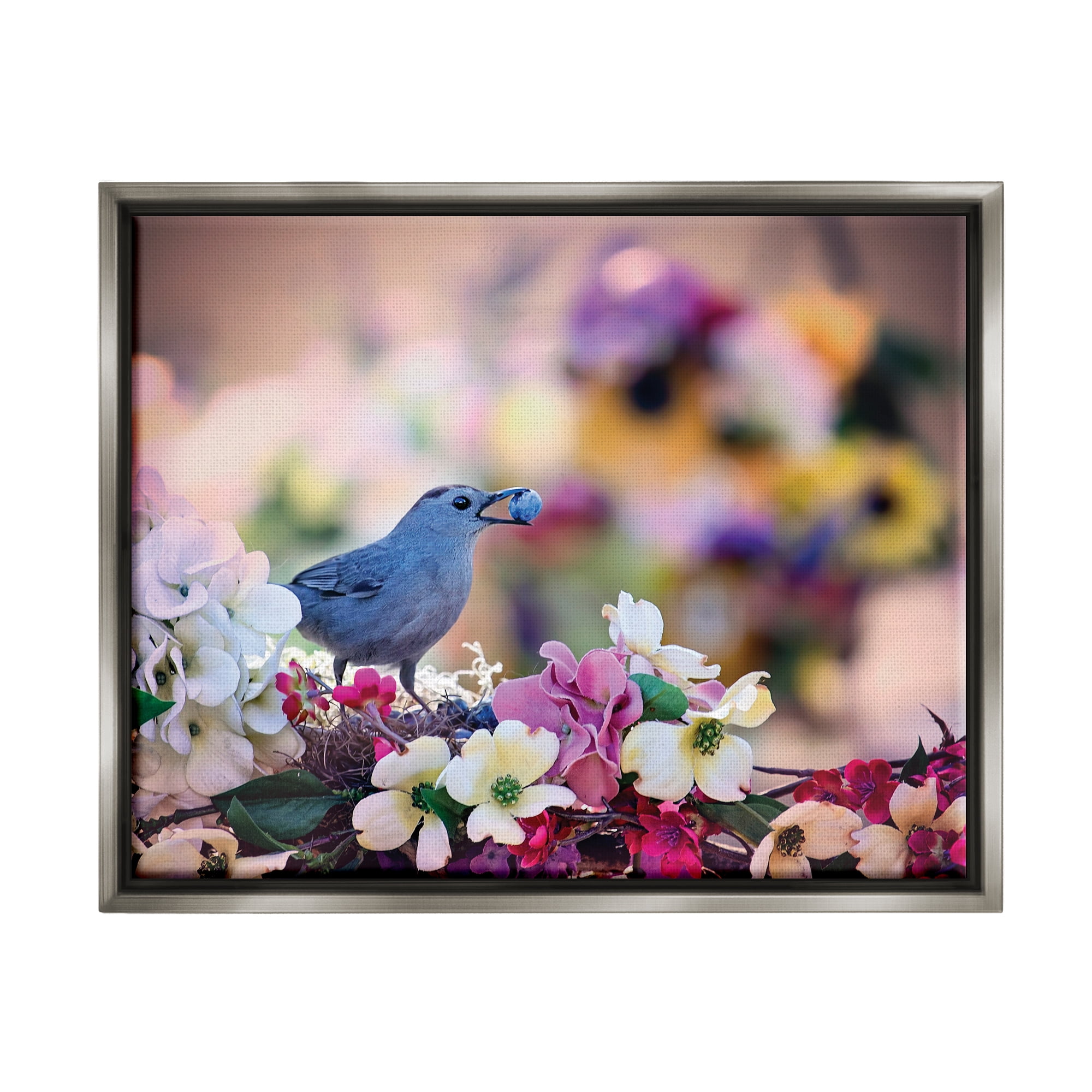 Stupell Industries Bird with Spring Flowers Animals & Insects Photography Gray Floater Framed Art Print Wall Art, 21 x 17